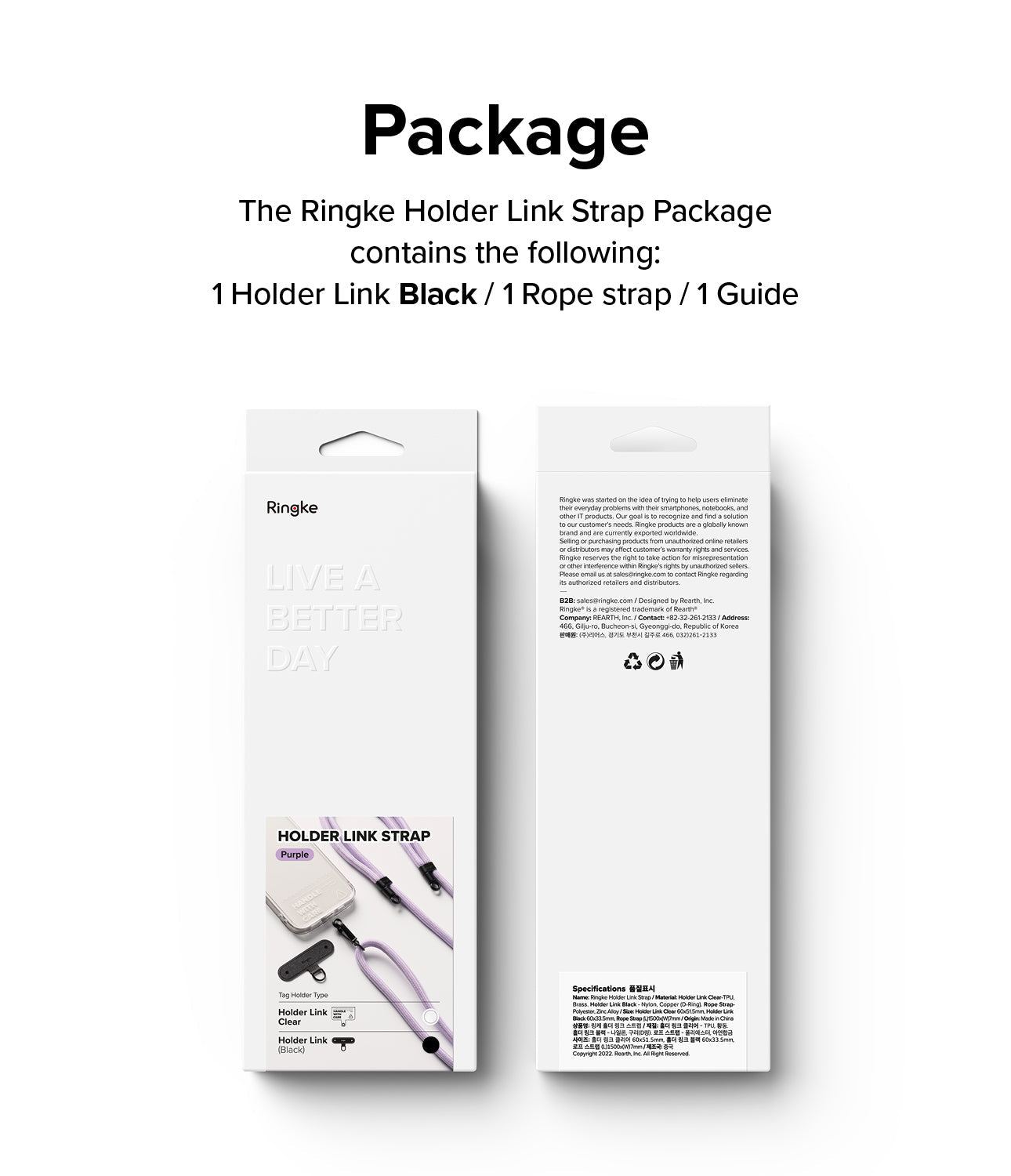 Holder Link Strap | Black - Front and back view of the Ringke Holder Link Strap retail packaging box.