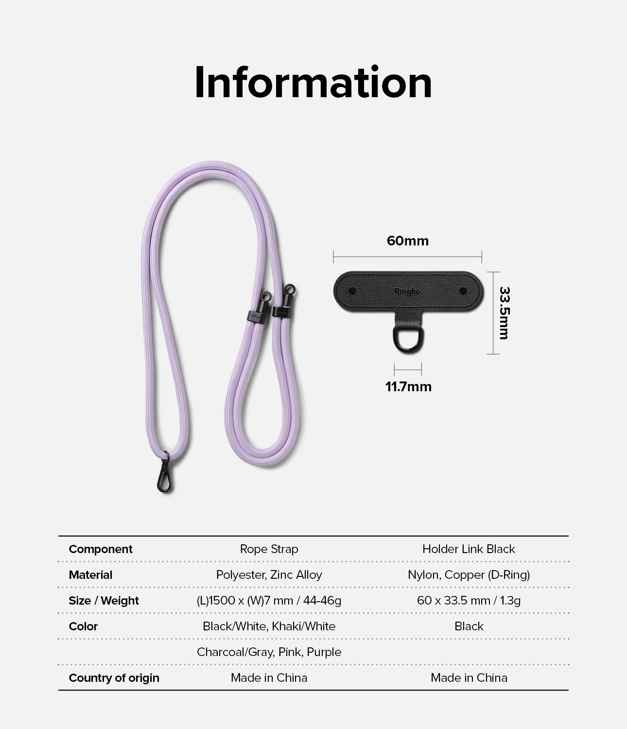 Holder Link Strap | Black - Purple rope strap and black holder link with dimensions and material specifications table.
