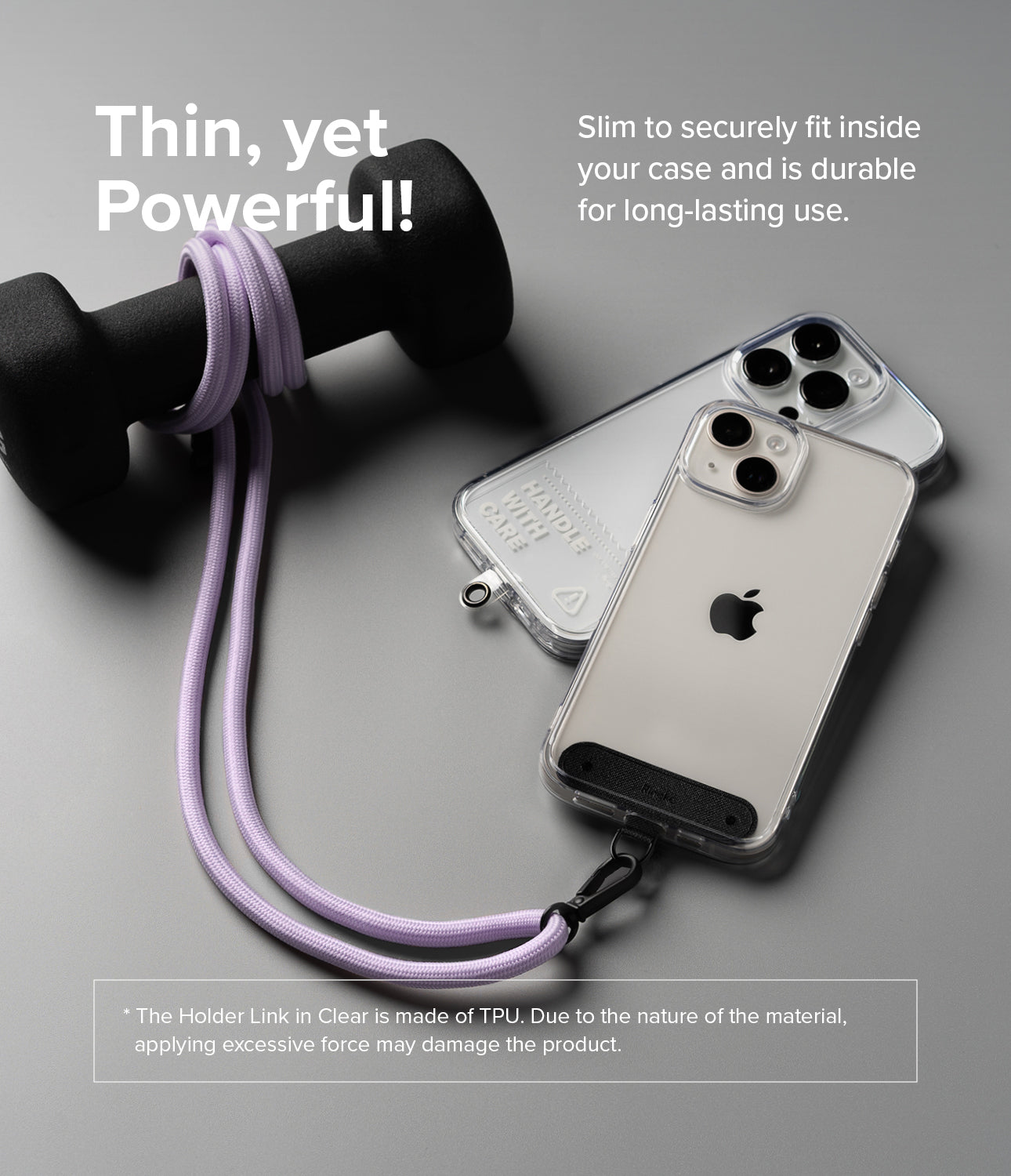 Holder Link Strap | Black - A light purple phone strap wrapped around a dumbbell, attached to a clear phone case on a gray background.