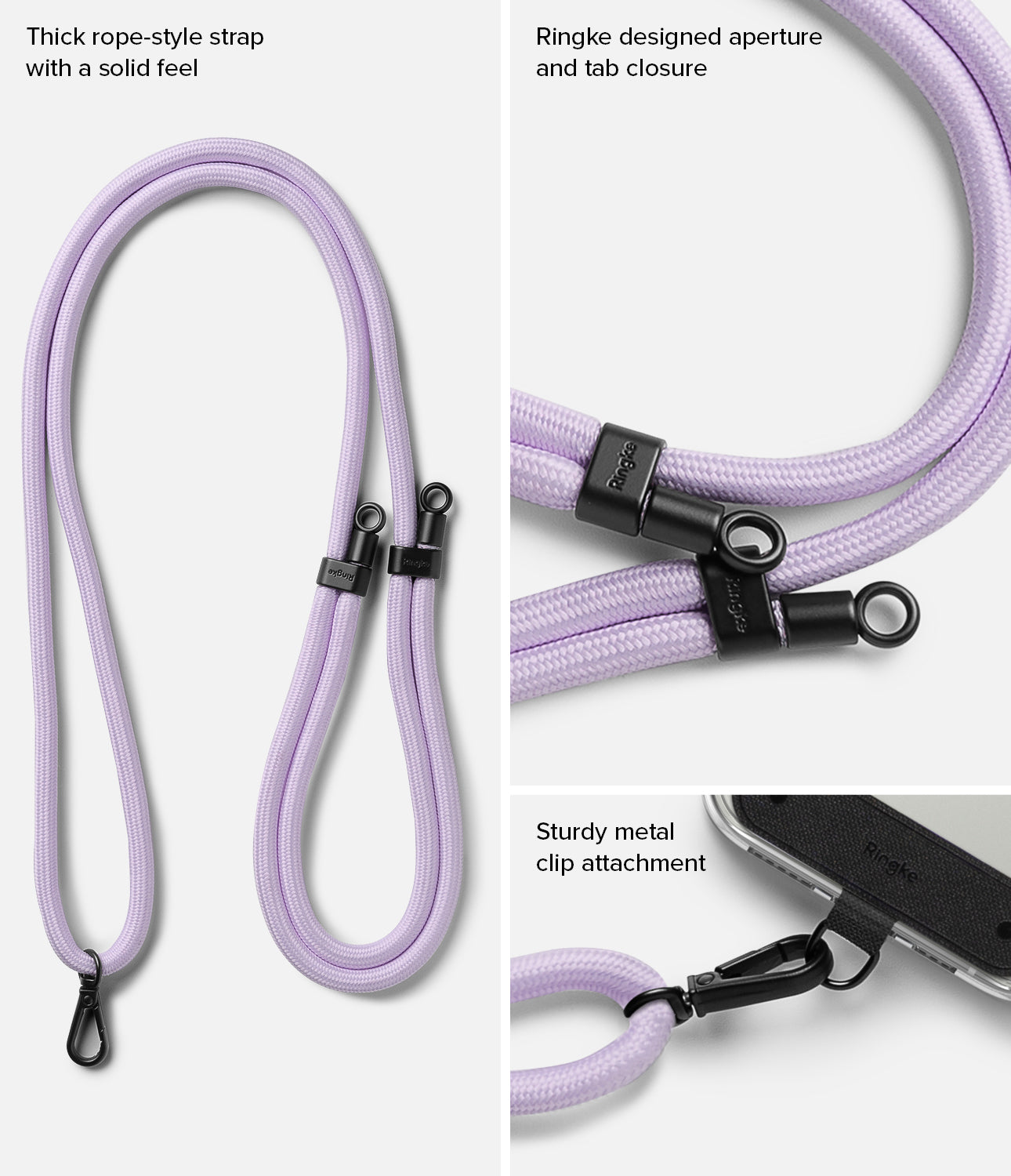Holder Link Strap | Black - Purple rope-style strap with black metal clips, aperture, and tab closure for phone attachment.