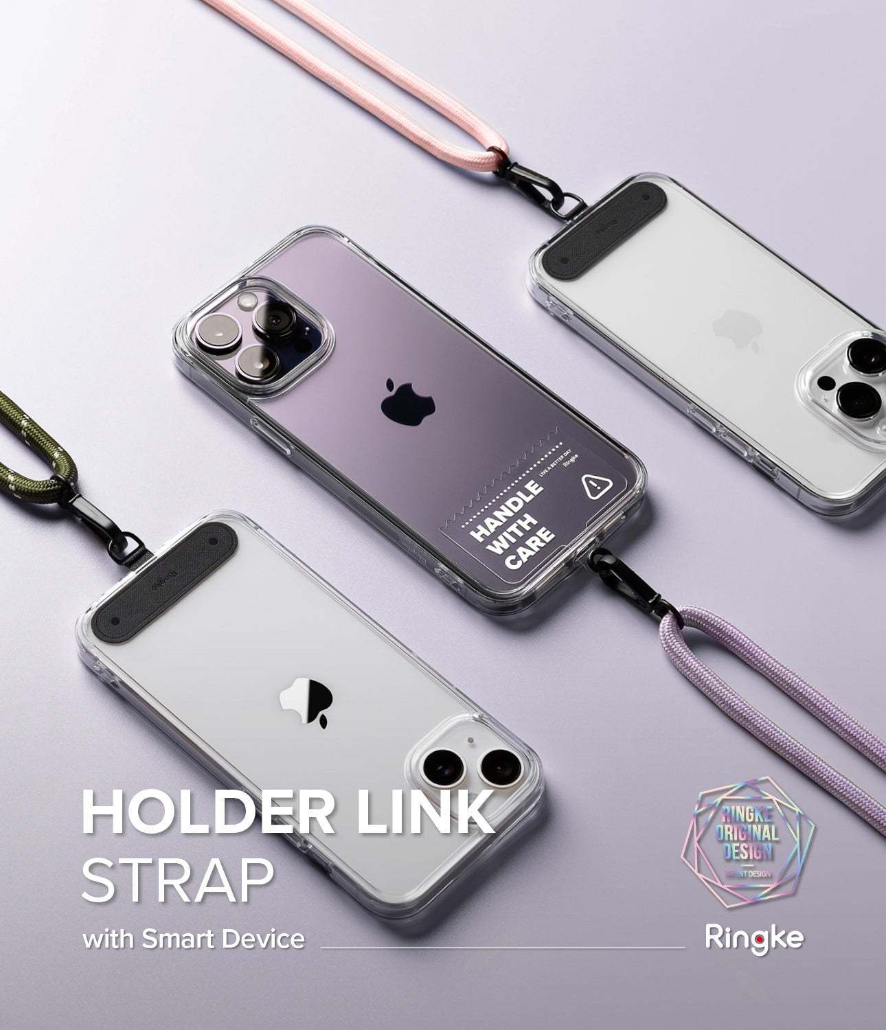 Holder Link Strap | Black - Three smartphones in clear cases attached to colorful woven lanyards on a light purple background.