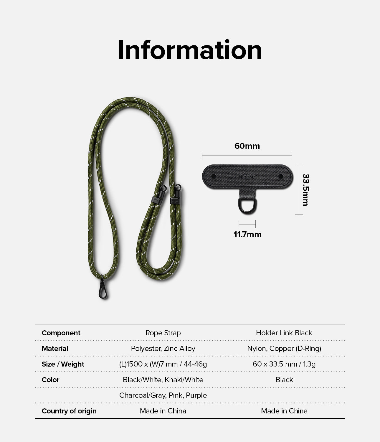 Holder Link Strap | Black - Khaki rope strap and black holder link with dimensions and material specifications table.