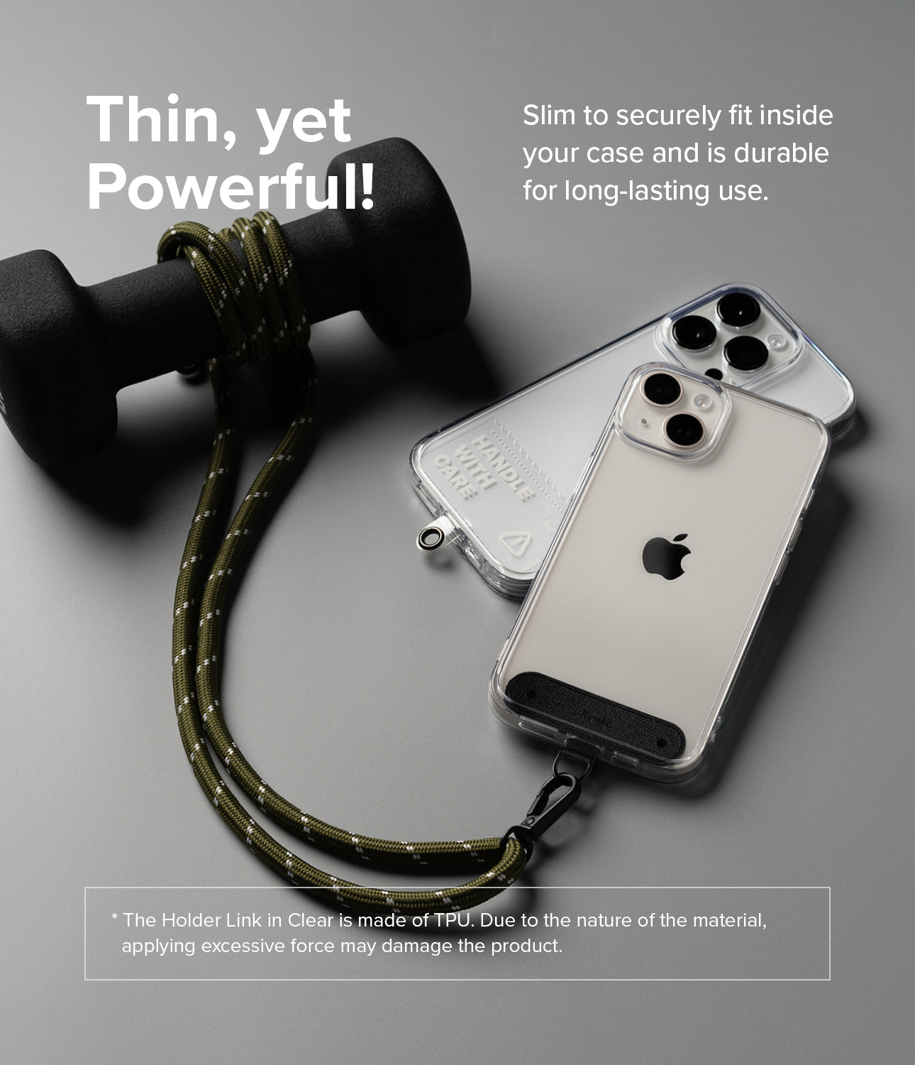 Holder Link Strap | Black - Khaki rope strap attached to a clear phone case, wrapped around a black dumbbell on a gray surface.