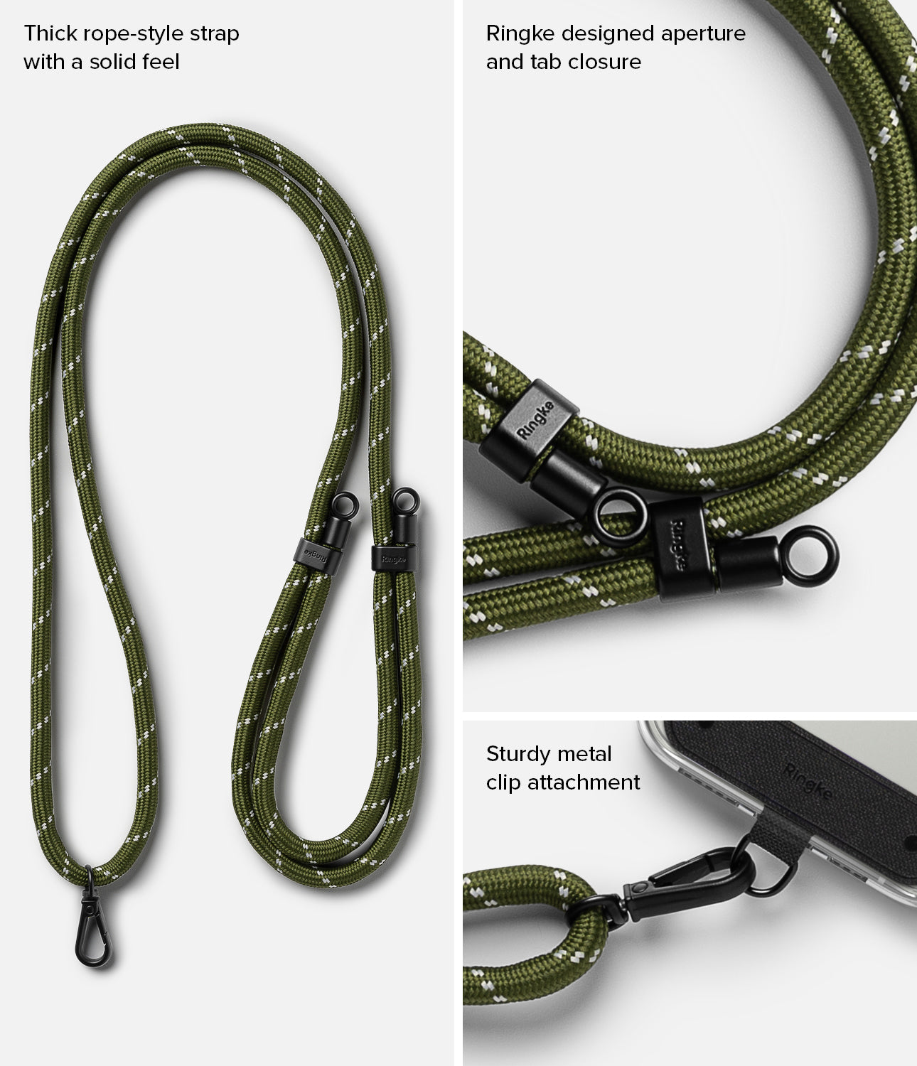 Holder Link Strap | Black - Olive green rope lanyard with black metal clips, aperture, and tab closure for phone attachment.