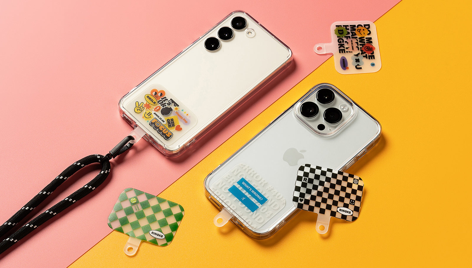 Various design tether tab with two smartphone on yellow and pink background