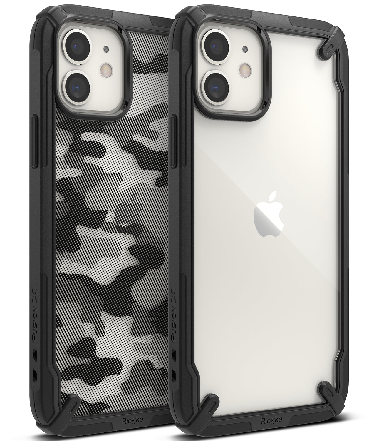 iPhone 12 Mini Case | Fusion-X - Two iPhone 12 Mini phones in black Fusion-X cases, one with camo pattern and one clear.