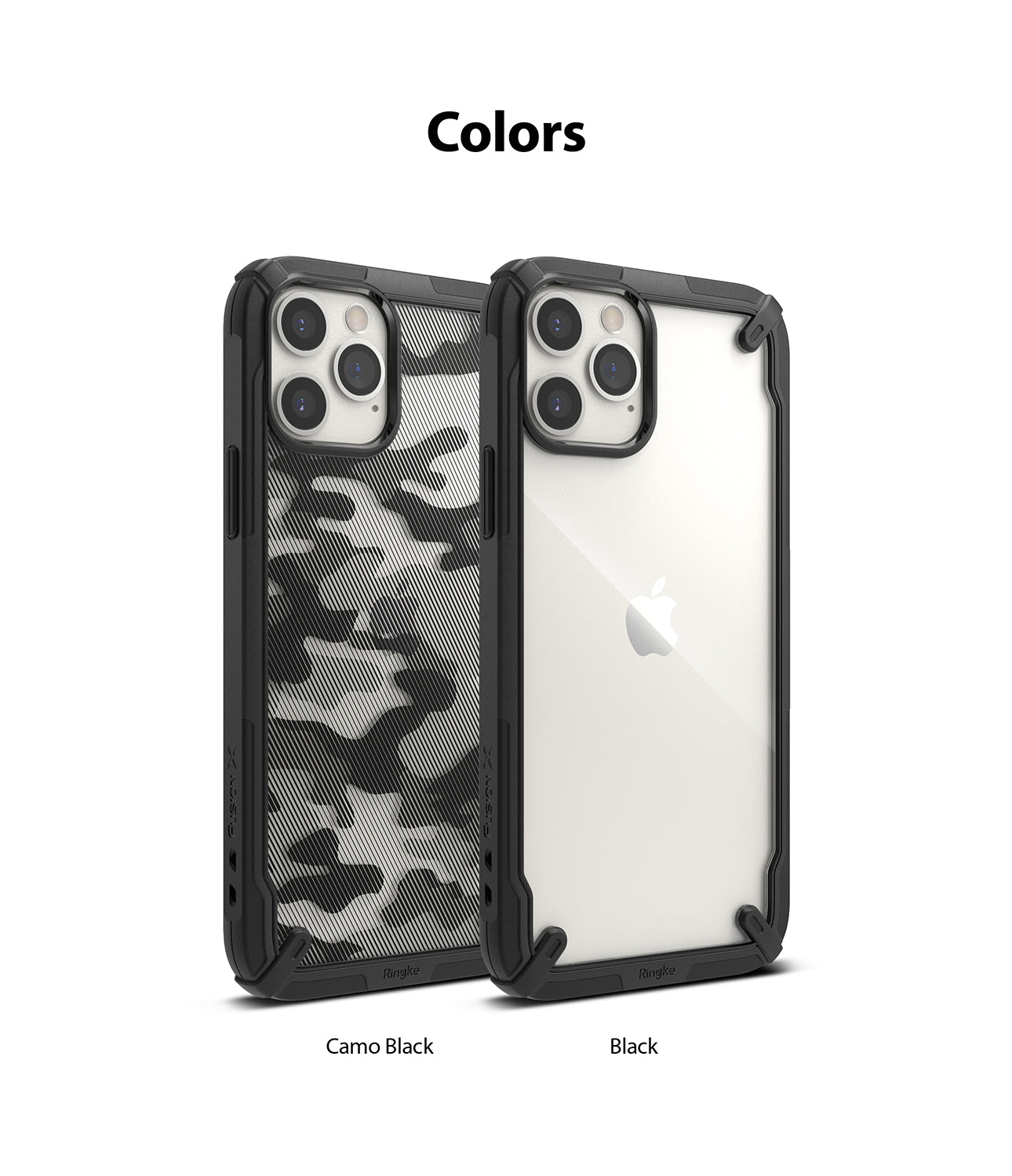 iPhone 12 Pro Max Case | Fusion-X - Two iPhone 12 Pro Max cases in Camo Black and Black with rugged black frames.
