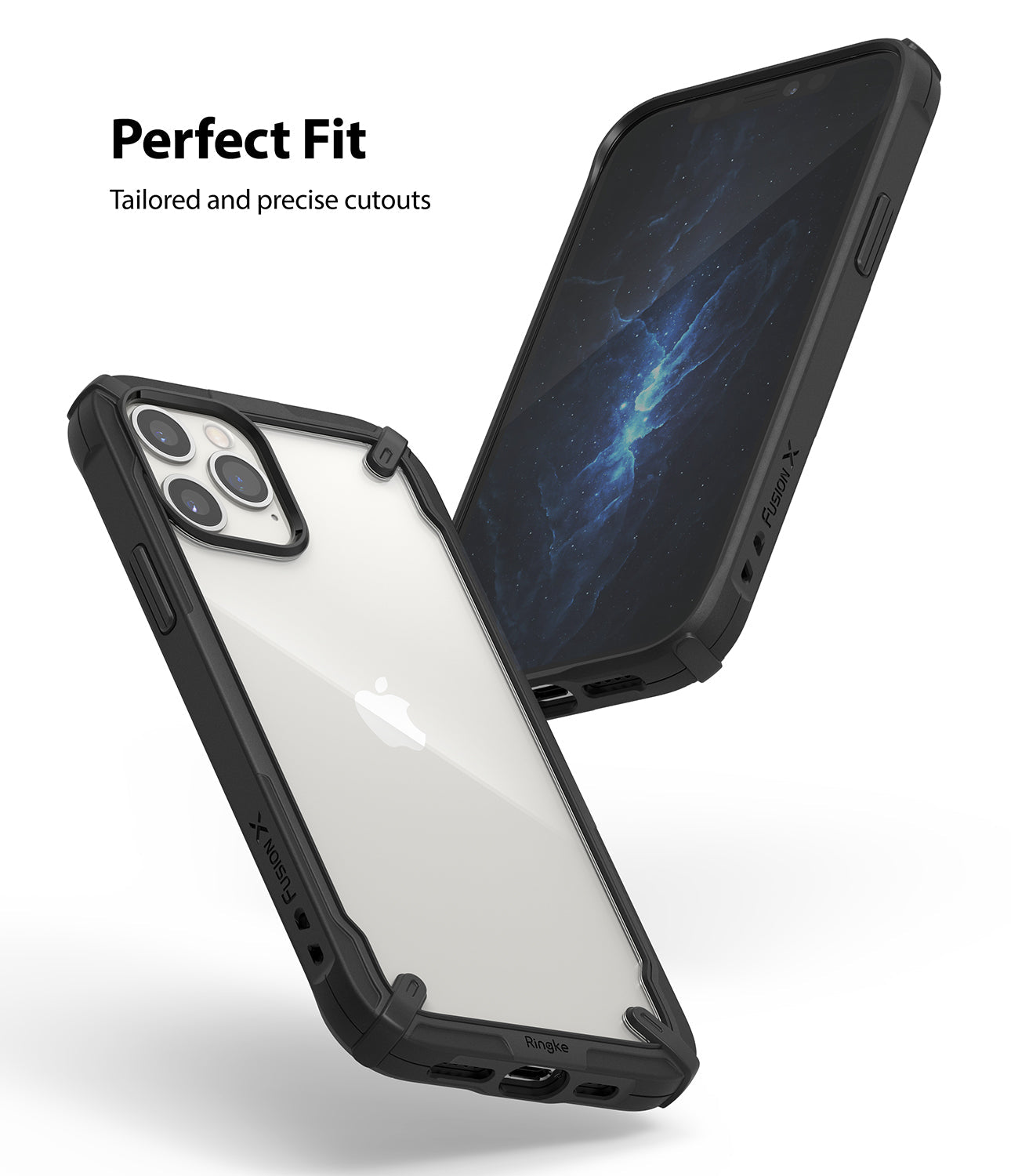 iPhone 12 / 12 Pro Case | Fusion-X - Two black Fusion-X cases showing front and back views with precise cutouts.