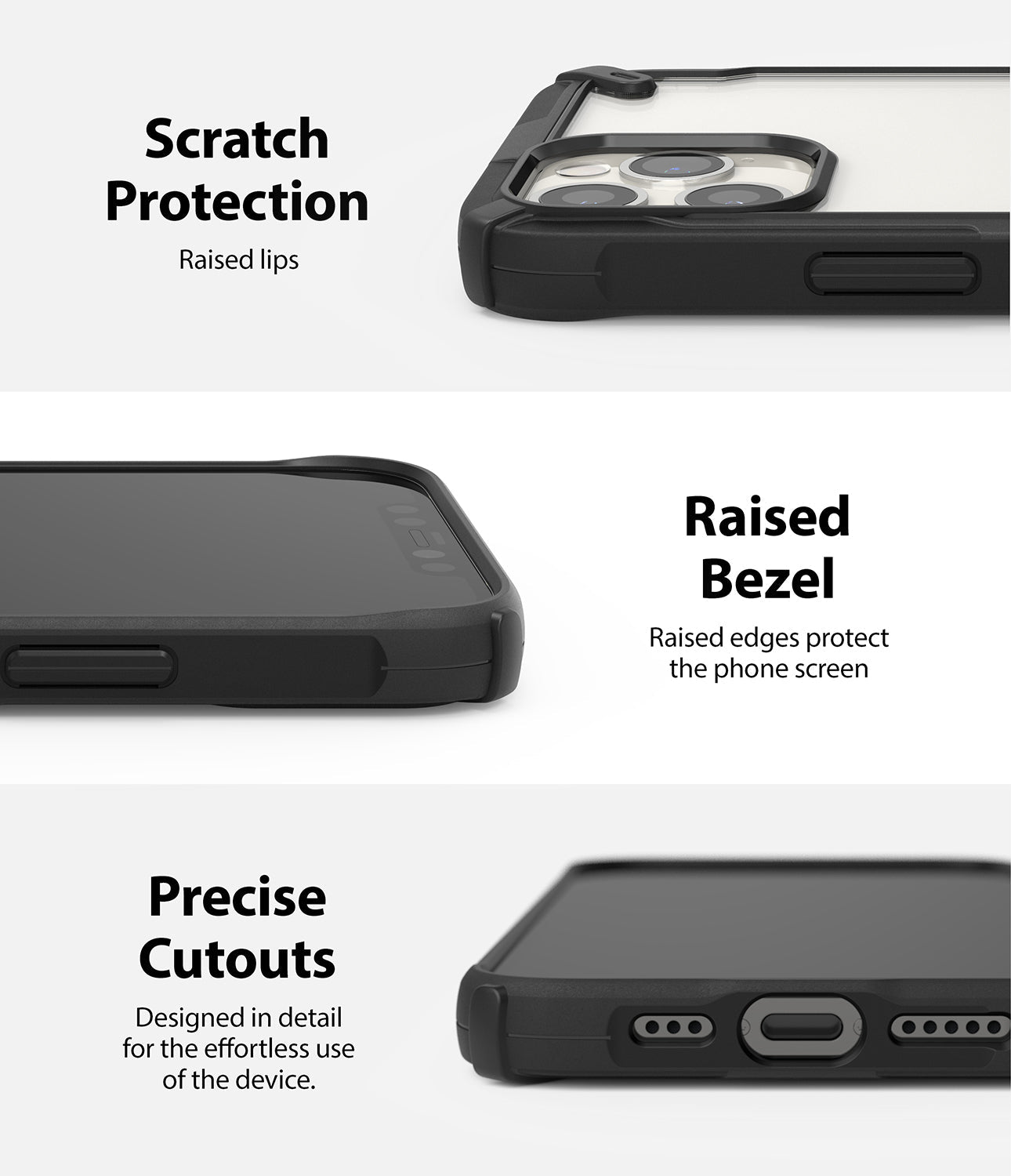 iPhone 12 / 12 Pro Case | Fusion-X - Close-ups of phone case showing raised camera protection, screen bezels, and port cutouts.