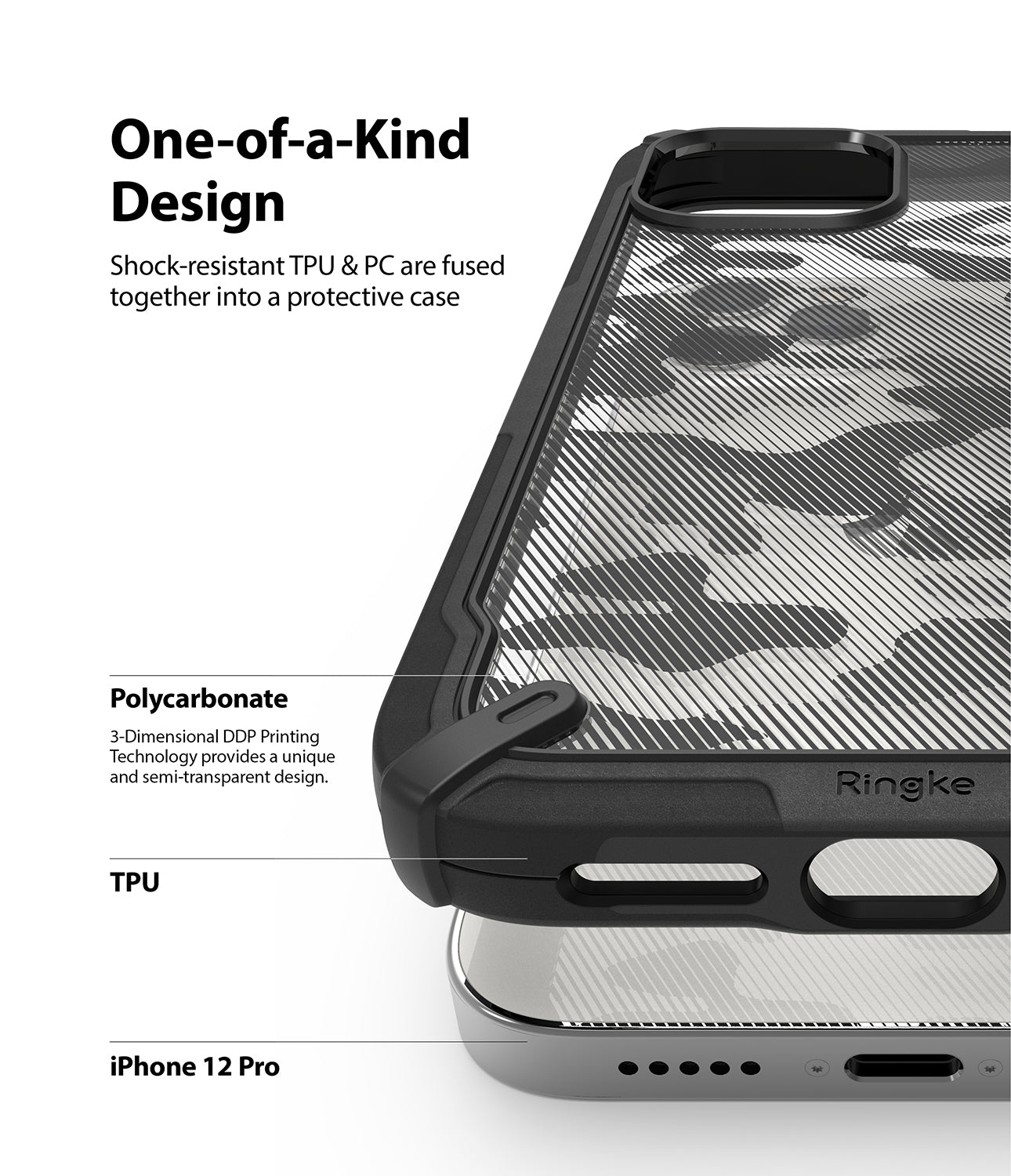 iPhone 12 / 12 Pro Case | Fusion-X - Close-up of a camo-patterned phone case highlighting TPU and polycarbonate construction.