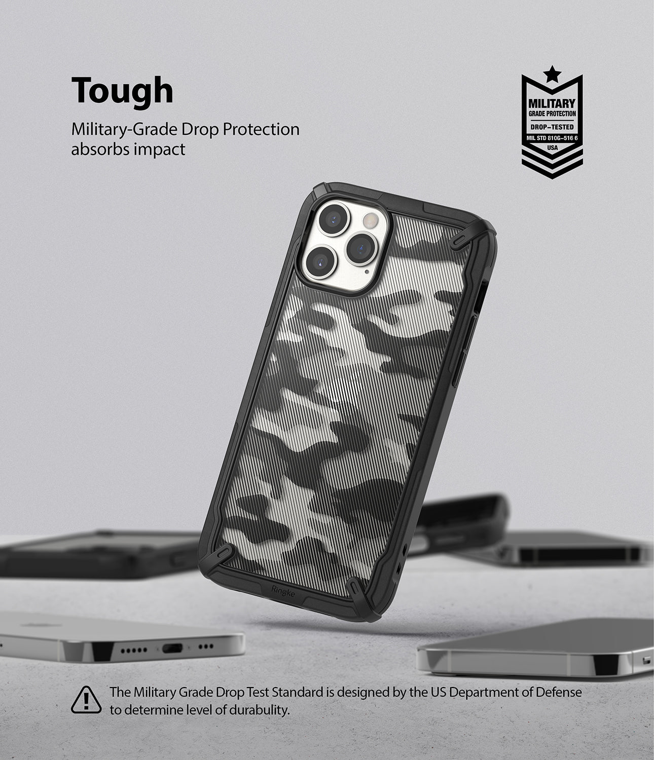 iPhone 12 / 12 Pro Case | Fusion-X - Camouflage pattern phone case with black bumpers, floating above a gray surface.