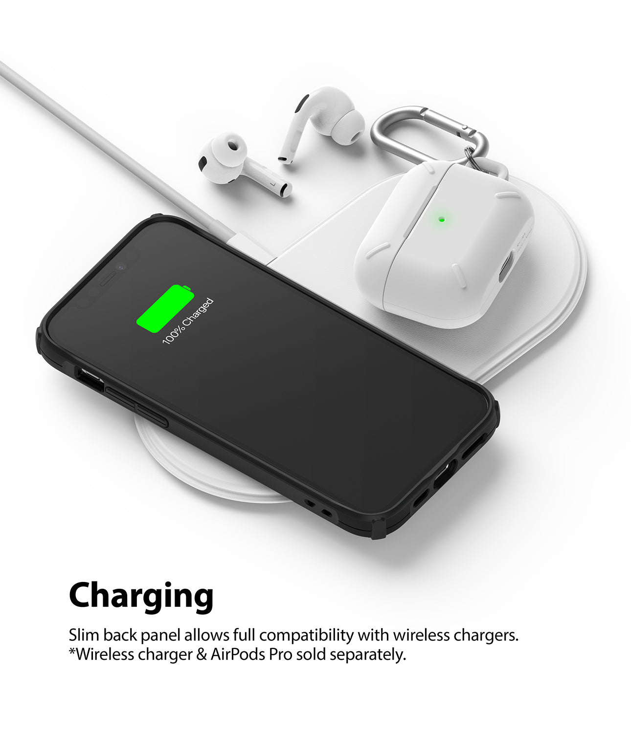iPhone 12 / 12 Pro Case | Fusion-X - iPhone in black case and AirPods Pro case charging wirelessly on a white pad.