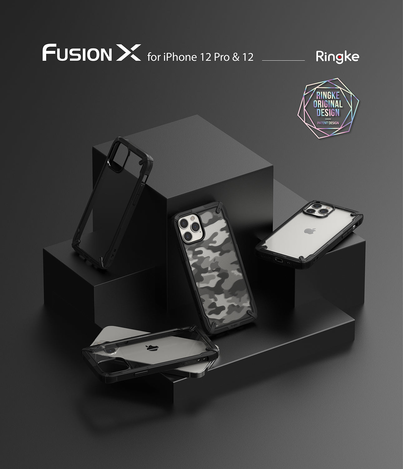 iPhone 12 / 12 Pro Case | Fusion-X - Four Ringke Fusion-X protective cases displayed on black geometric blocks.