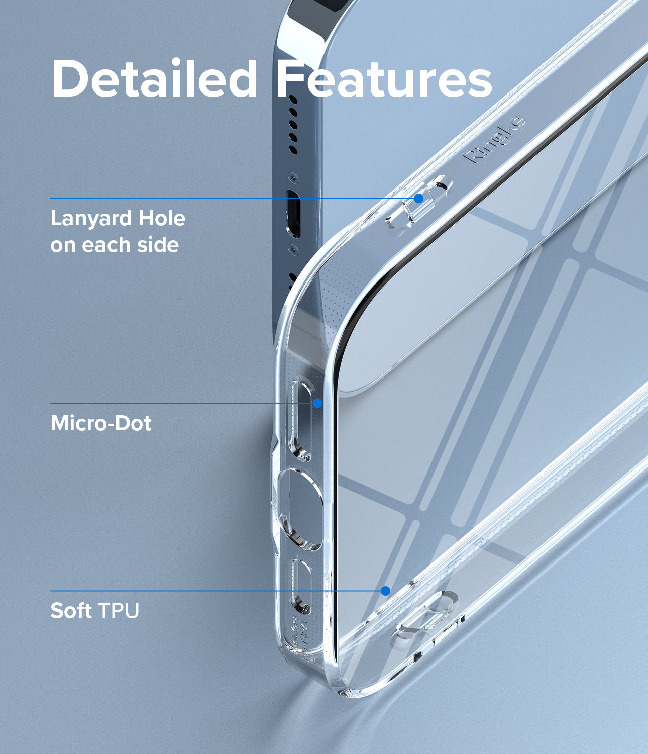 iPhone 13 Pro Case | Air - Detailed Features. Lanyard hole on each side. Micro-dot. Soft TPU