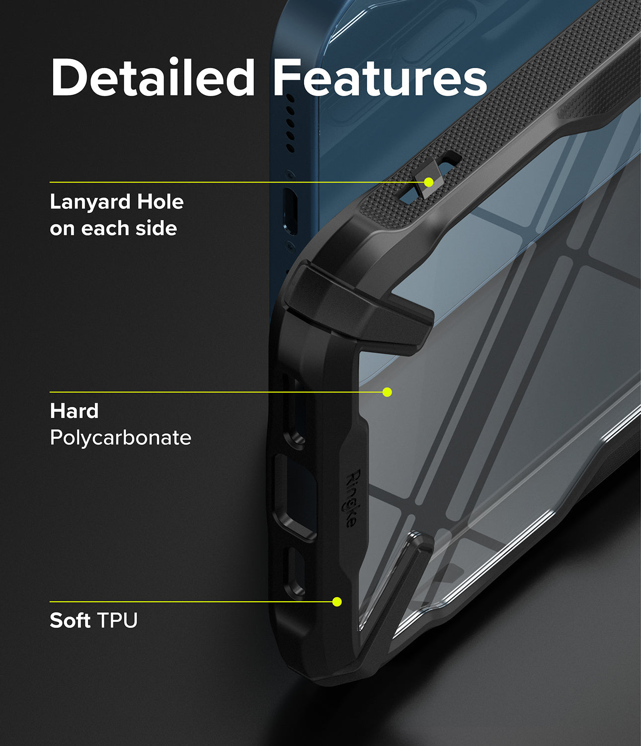iPhone 13 Case | Fusion-X - Detailed Features. Lanyard hole on each side. Hard polycarbonate. Soft TPU