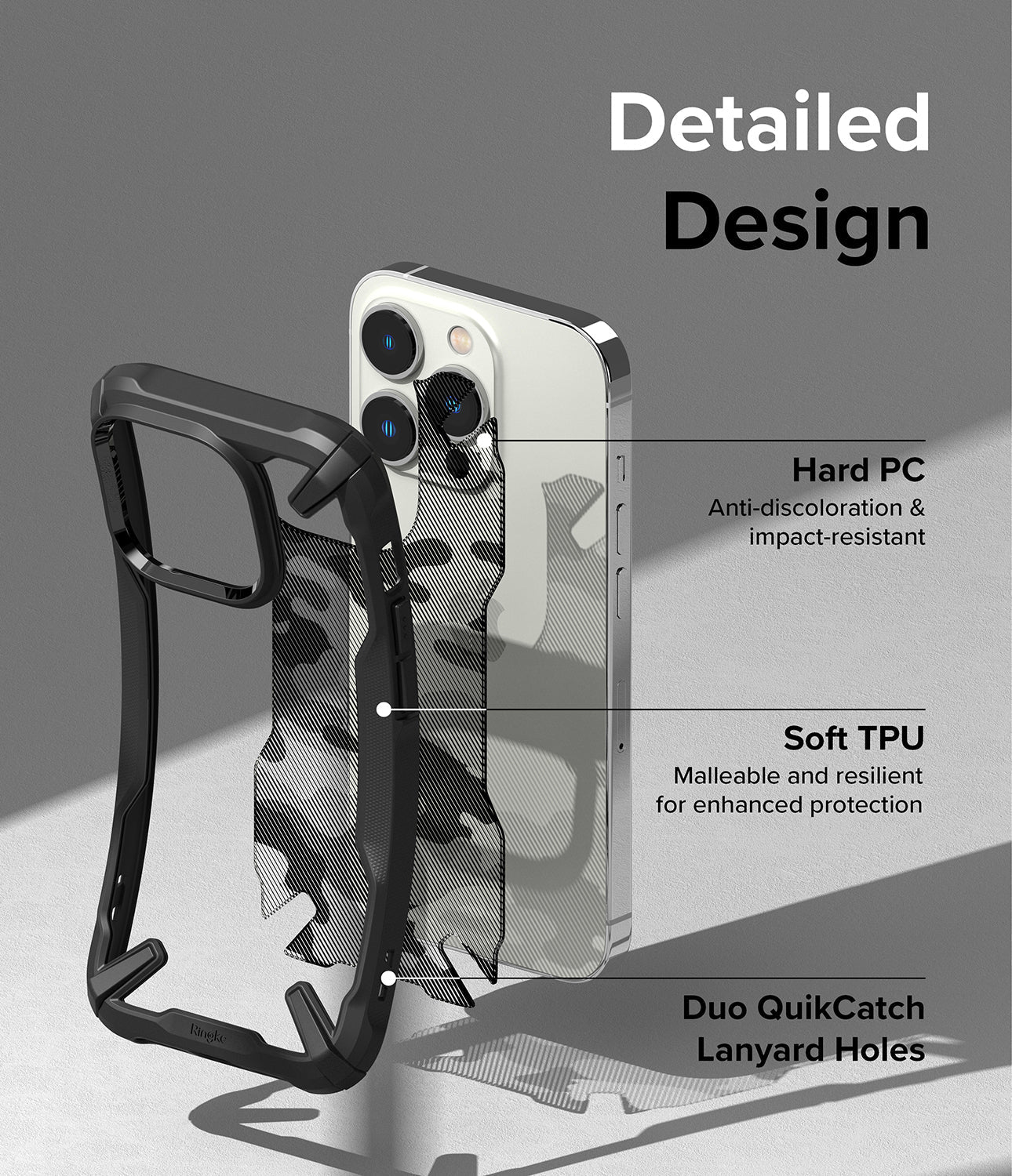 iPhone 14 Pro Max Case | Fusion-X - Camo Black - Detailed Design. Anti-discoloration and impact-resistant with Hard PC. Malleable and resilient for enhanced protection with Soft TPU. Duo QuikCatch Lanyard Holes.