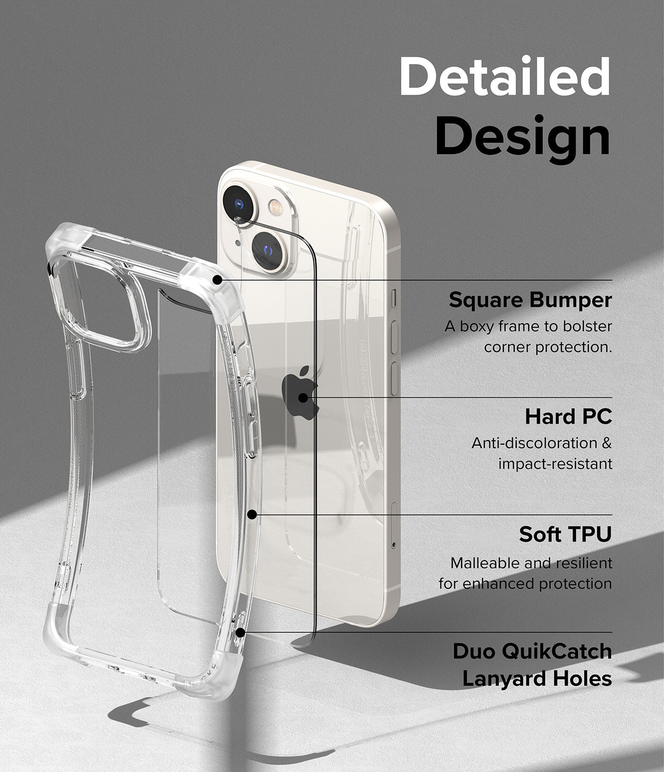 iPhone 14 Case | Fusion Bumper- Clear- Detailed Design. A boxy frame to bolster corner protection with Square Bumper. Anti-discoloration and impact-resistant with Hard PC. Malleable and resilient for enhanced protection with Soft TPU. Duo QuikCatch Lanyard Holes.