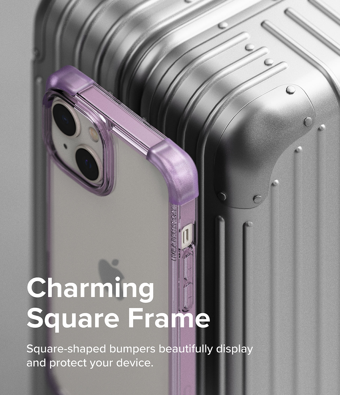 iPhone 14 Case | Fusion Bumper- Clear Purple - Charming Square Frame. Square-shaped bumpers beautifully display and protect your device.