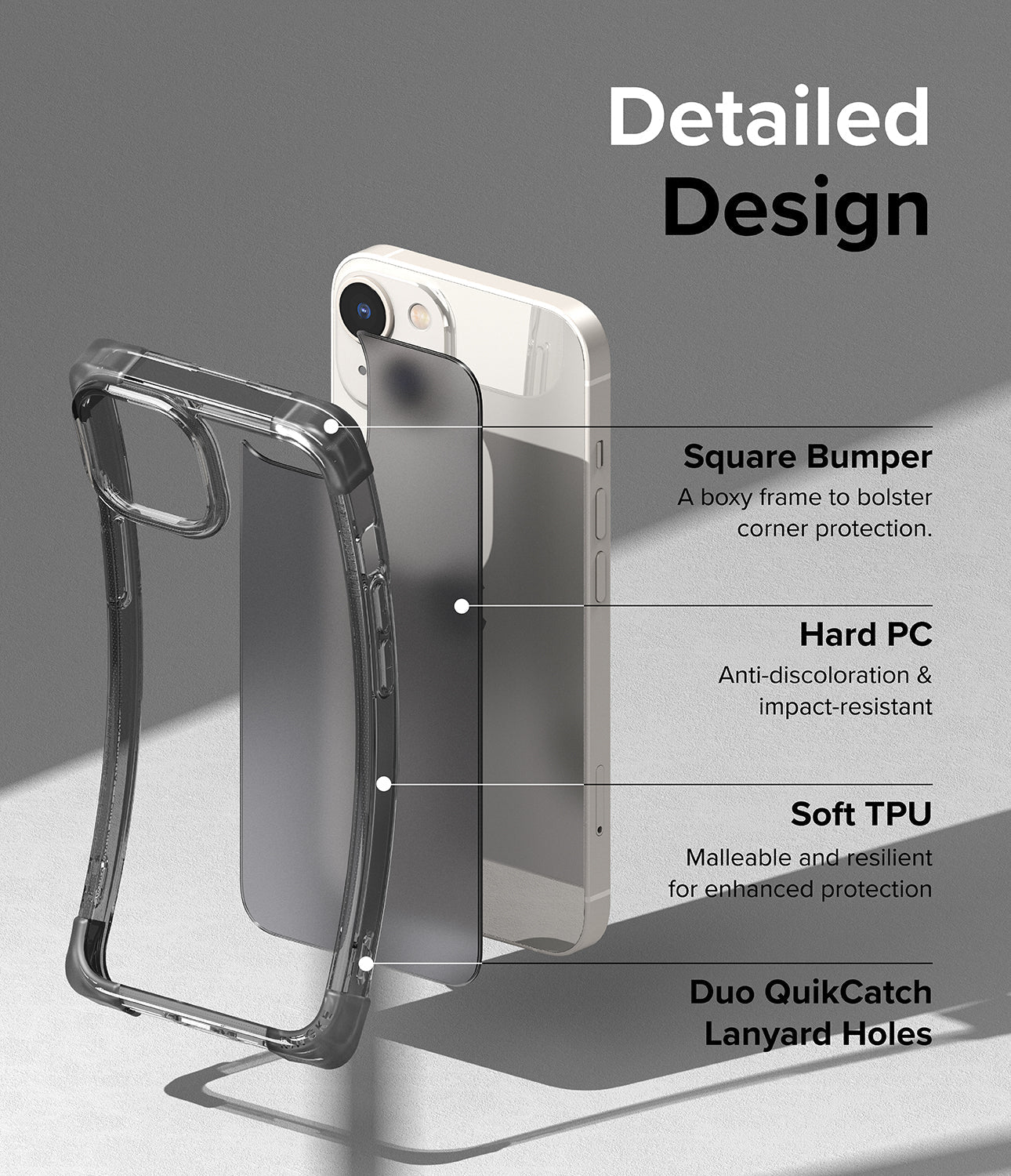 iPhone 14 Case | Fusion Bumper- Matte Smoke Black - Detailed Design. A boxy to bolster corner protection with Square Bumper. Anti-discoloration and impact-resistant with Hard PC. Malleable and resilient for enhanced protection with Soft TPU. Duo QuikCatch Lanyard Holes.