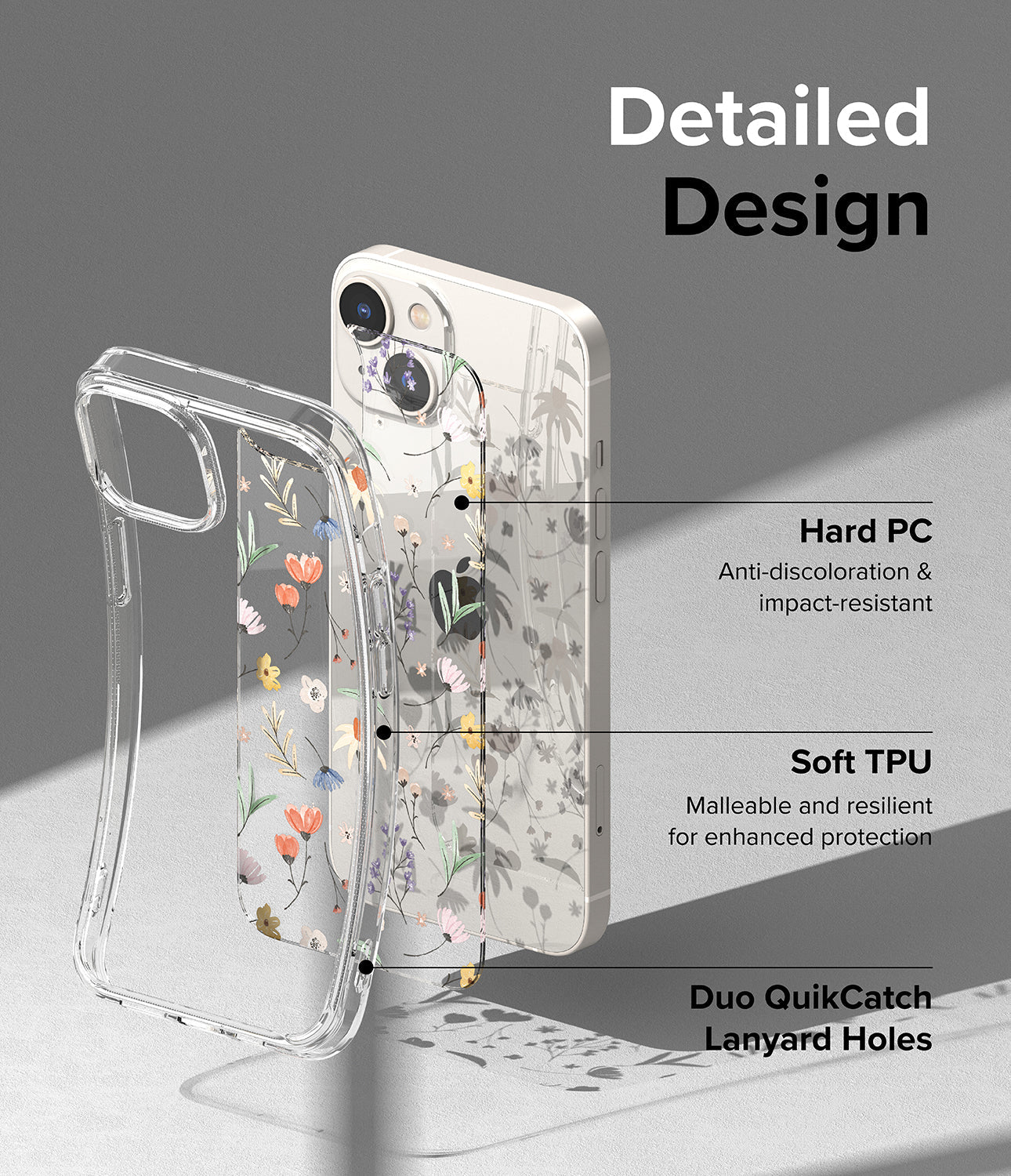 iPhone 14 Case | Fusion Design - Dry Flowers - Detailed Design. Anti-discoloration and impact-resistant with Hard PC. Malleable and resilient for enhanced protection with Soft TPU. Duo QuikCatch Lanyard Holes.