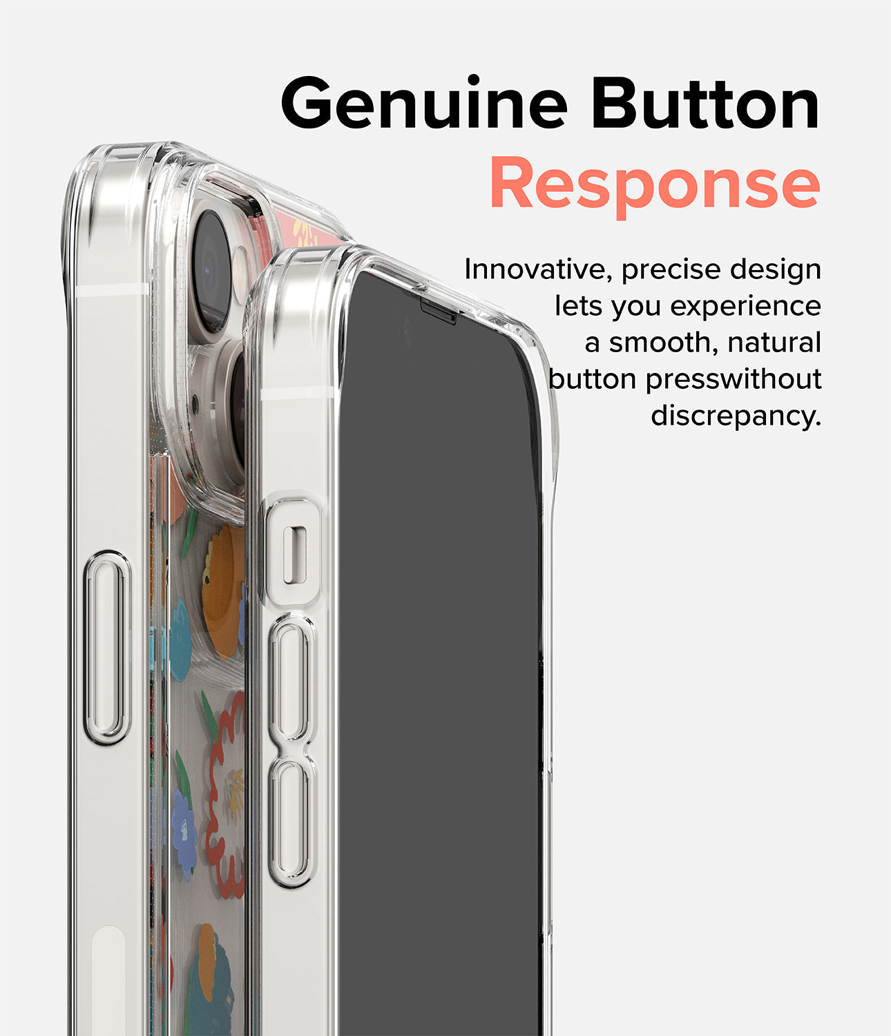 iPhone 14 Case | Fusion Design - Floral - Genuine Button Repones. Innovative precise design lets you experience a smooth, natural button press without discrepancy.
