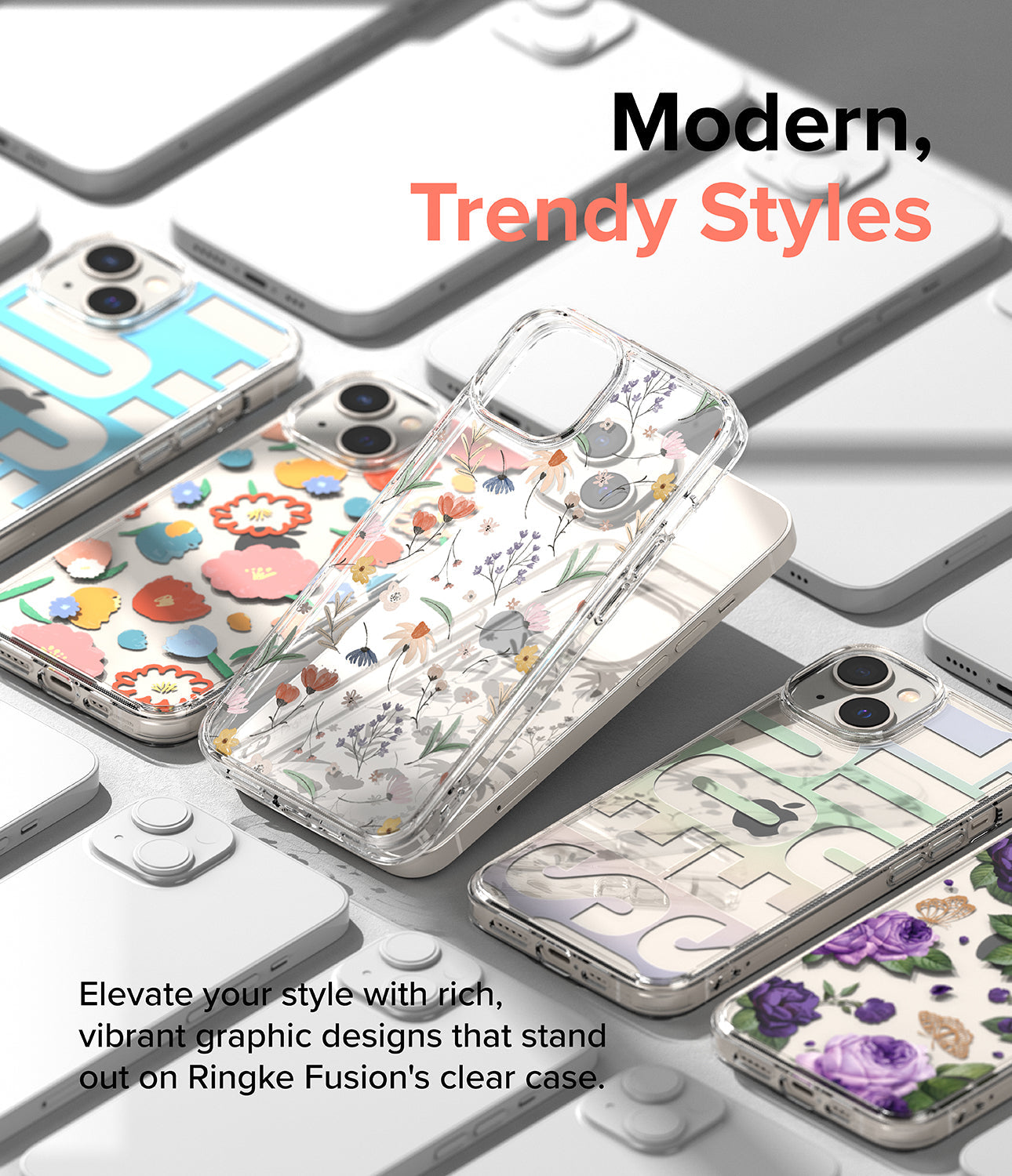 iPhone 14 Case | Fusion Design - Floral - Modern, Trendy Styles. Elevate your style with rich, vibrant graphic designs that stand out on Ringke Fusion's clear case.