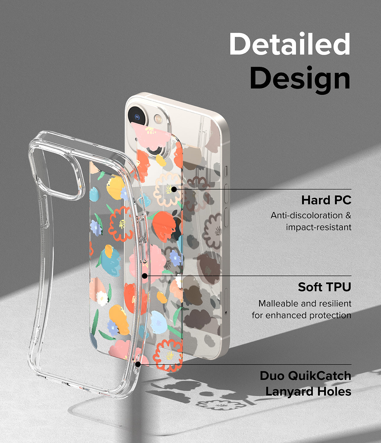 iPhone 14 Case | Fusion Design - Floral - Detailed Design. Anti-discoloration and impact-resistant with Hard PC. Malleable and resilient for enhanced protection with Soft TPU. Duo QuikCatch Lanyard Holes.