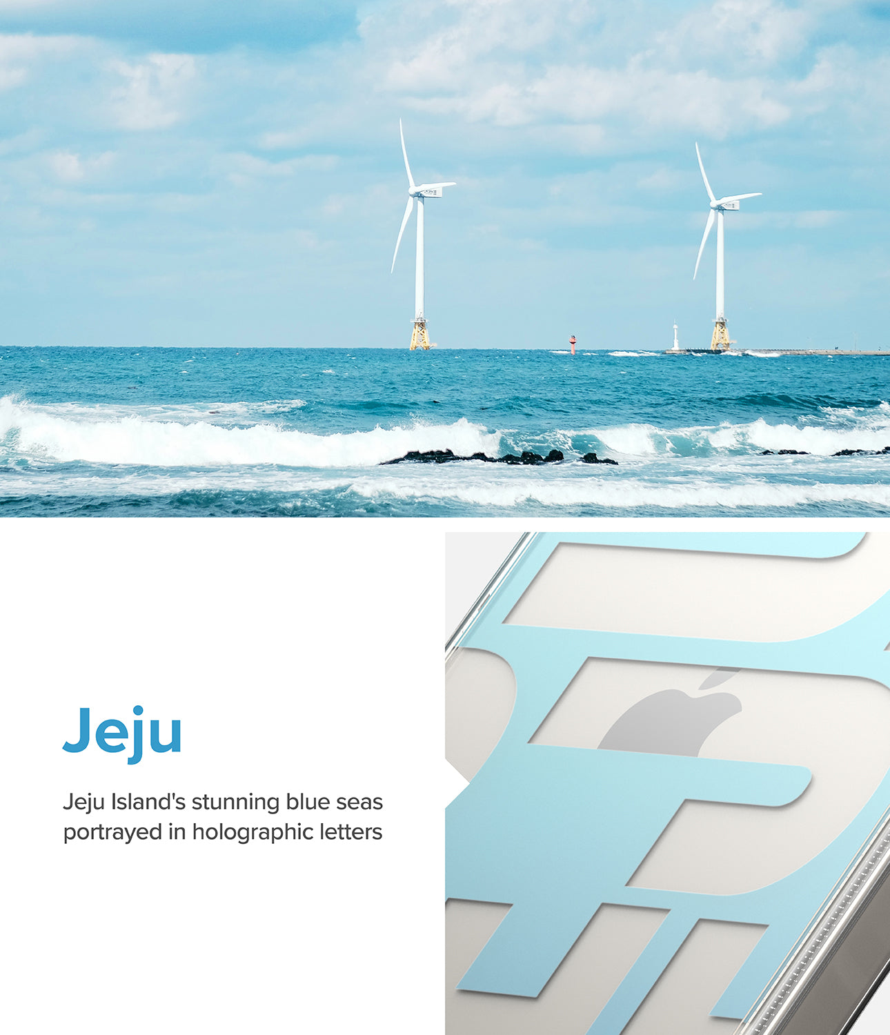 iPhone 14 Case | Fusion Design - Jeju Island's stunning blue seas portrayed in holographic letters.