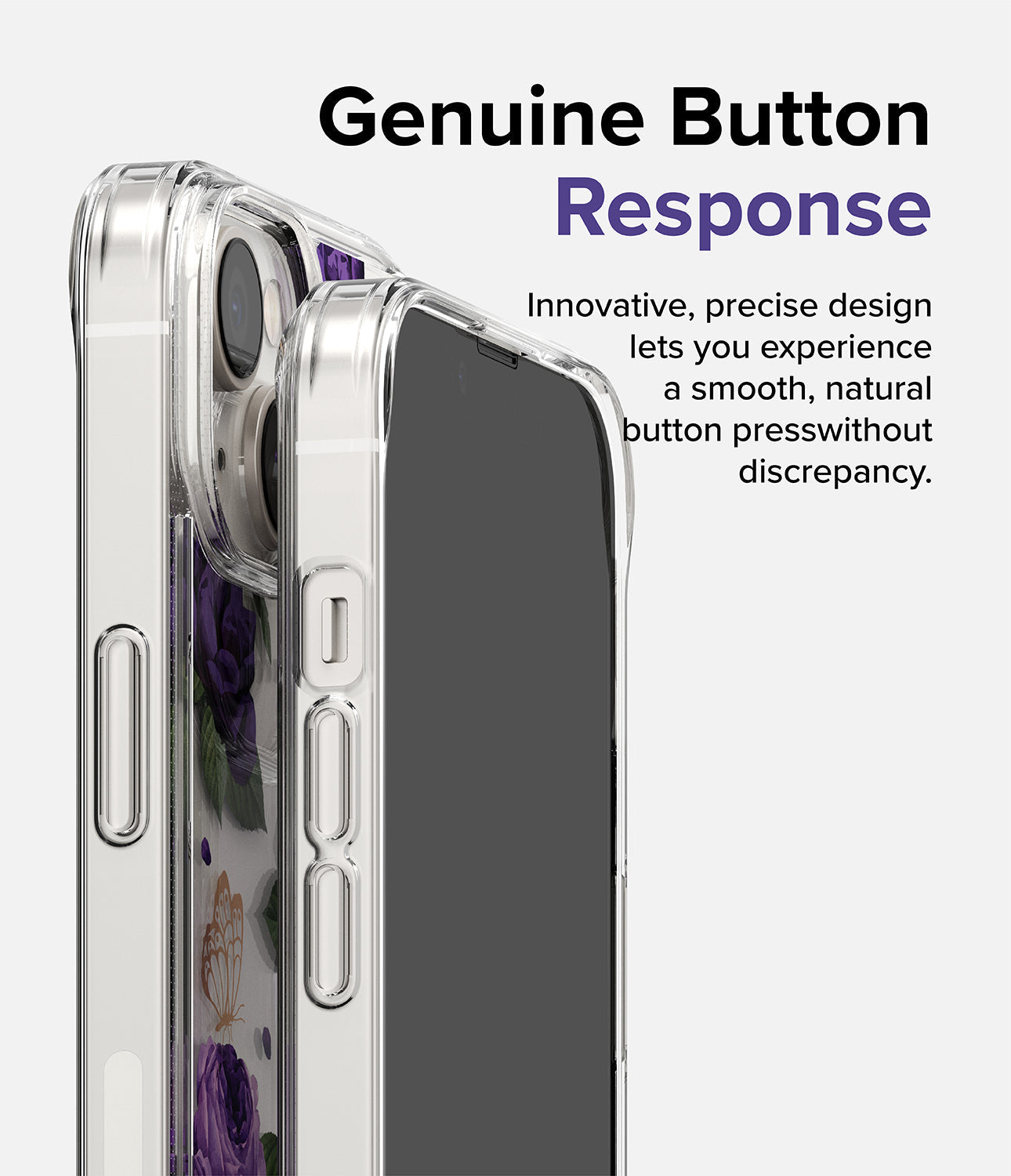 iPhone 14 Case | Fusion Design - Purple Rose - Genuine Button Response. Innovative, precise design lets you experience a smooth, natural button press without discrepancy.