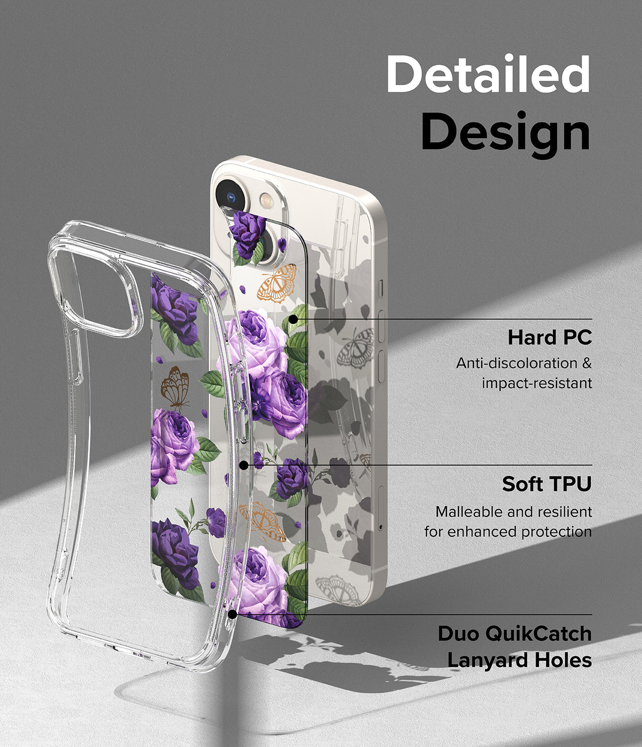 iPhone 14 Case | Fusion Design - Purple Rose - Detailed Design. Anti-discoloration and impact-resistant. Malleable and resilient for enhanced protection with Soft TPU. Duo QuikCatch Lanyard Holes.
