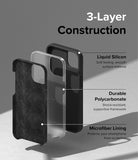 iPhone 14 Case | Silicone - Black - 3 Layer Construction. Soft feeling, smooth surface material with Liquid Silicone. Shock-resistant, supportive framework with Durable Polycarbonate. Protects your smartphone from scratches with Microfiber Lining.