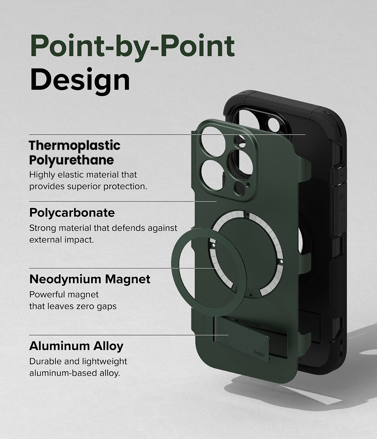 iPhone 15 Pro Max Case | Alles - Dark Green - Point-By-Point Design. Highly elastic material that provides superior protection with Thermoplastic Polyurethane. Strong material that defends against external impact polycarbonate. Powerful magnet that leaves zero gaps with neodymium magnet. Durable and lightweight aluminum-based alloy with Aluminum Alloy.