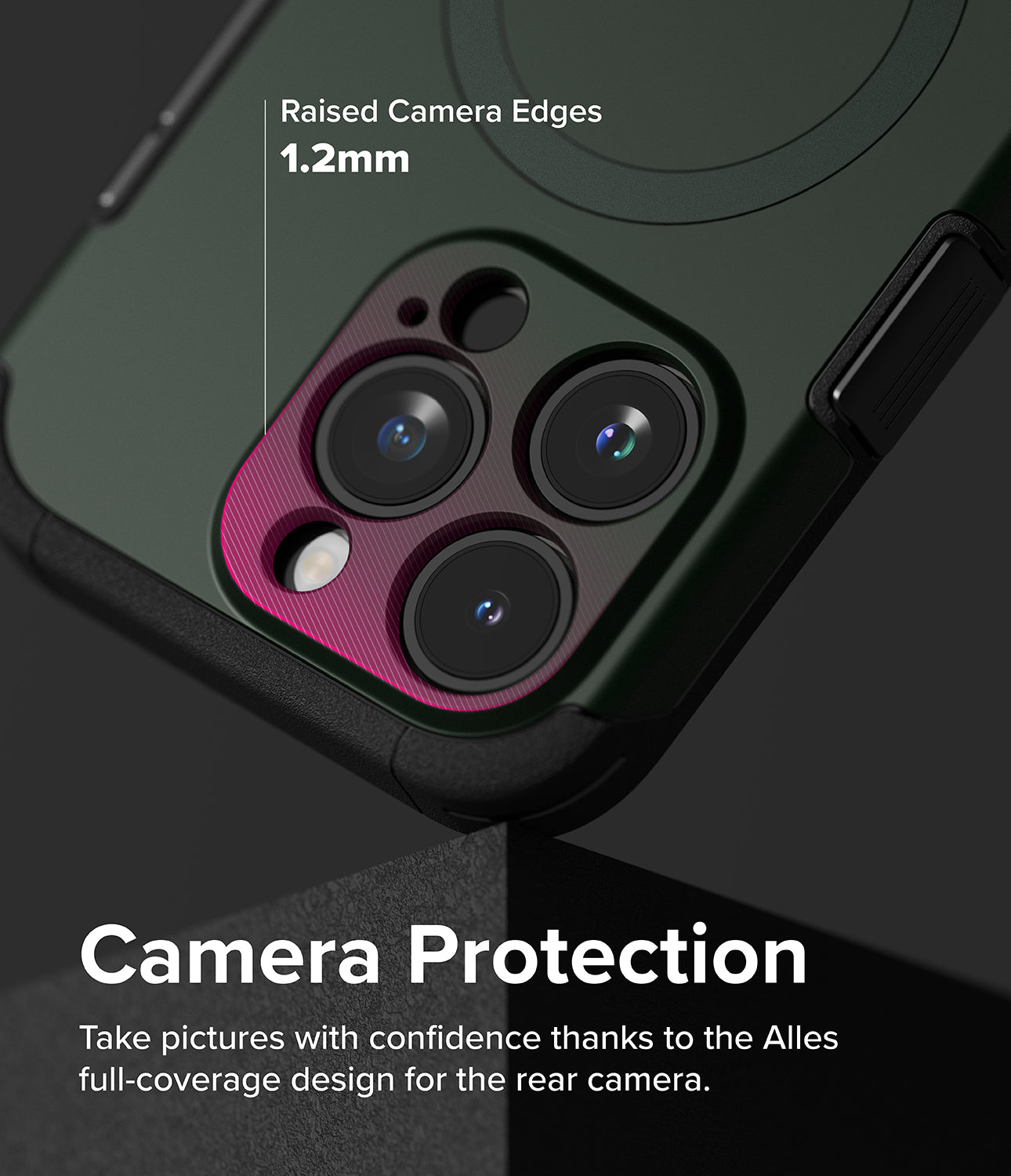 iPhone 15 Pro Max Case | Alles - Dark Green - Camera Protection. Take pictures with confidence thanks to the Alles full-coverage design for the rear camera.