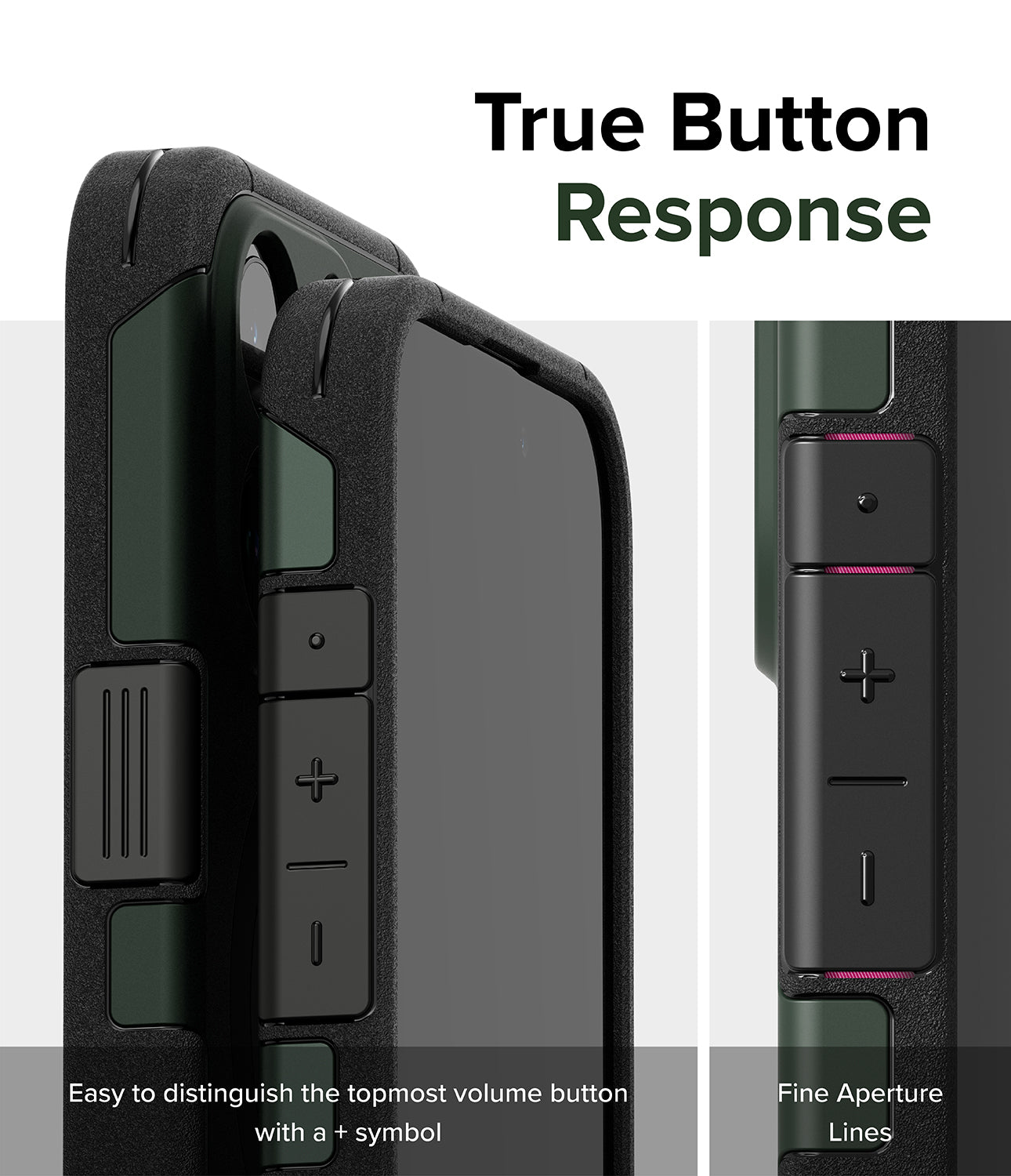 iPhone 15 Pro Max Case | Alles - Dark Green - True Button Response. Easy to distinguish the topmost volume button with a + symbol. Fine Aperture Lines.