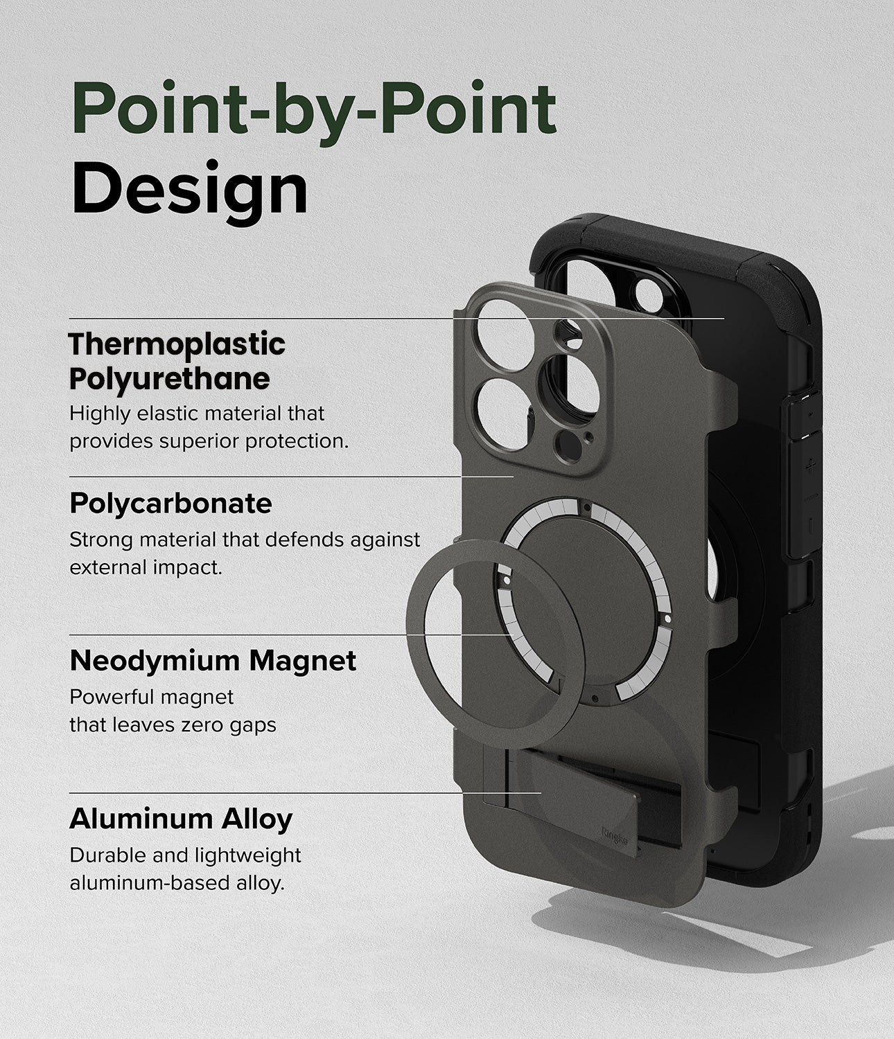 iPhone 15 Pro Max Case | Alles - Gun Metal - Point-by-Point Design. Highly elastic material that provides superior protection with Thermoplastic Polyurethane. Strong material that defends against external impact with Polycarbonate. Powerful magnet that leaves zero gaps with neodymium magnet. Durable and lightweight aluminum-based alloy with Aluminum Alloy.