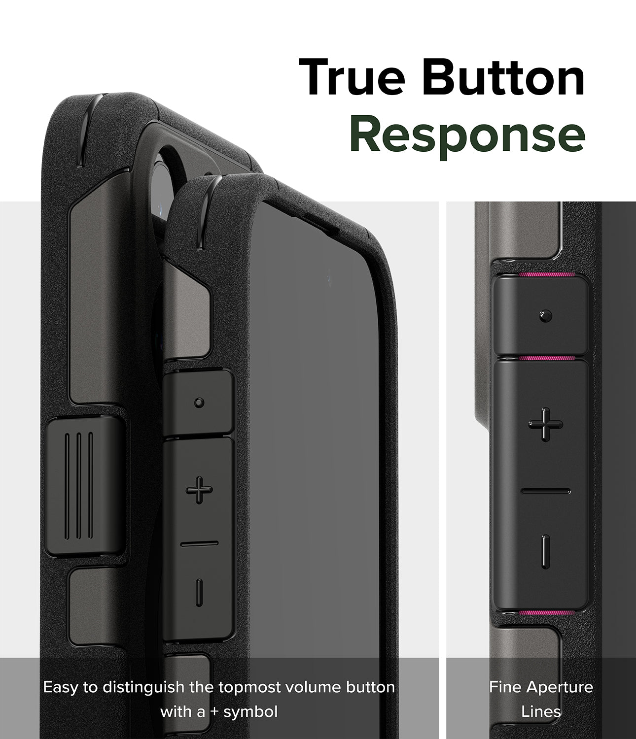 iPhone 15 Pro Max Case | Alles - Gun Metal- True Button Response. Easy to distinguish the topmost volume button with a + symbol. Fine Aperture Lines.
