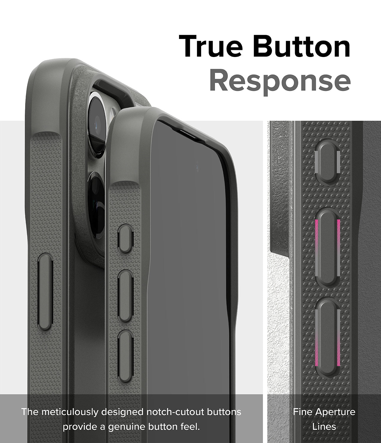 iPhone 15 Pro Max Case | Fusion Bold Matte Gray - True Button Response. The meticulously designed notch-cutout buttons provide a genuine button feel. Fine Aperture Lines.