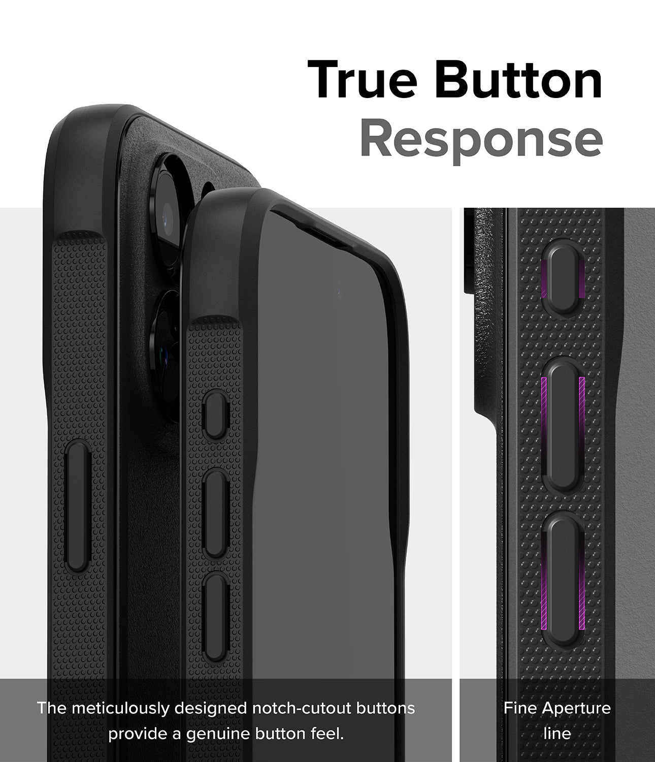 iPhone 15 Pro Max Case | Onyx - Black - True Button Response. The meticulously designed notch-cutout buttons provide a genuine button feel. Fine Aperture Line