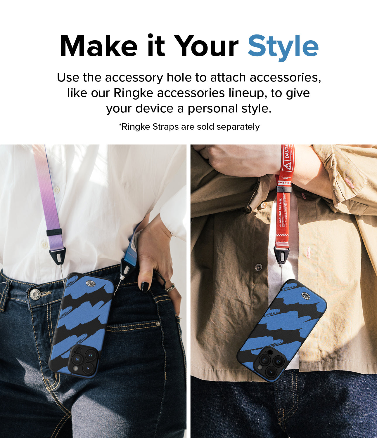 iPhone 15 Pro Max Case | Onyx Design - Blue Brush - Make it Your Style. Use the accessory hole to attach accessories, like our Ringke accessories lineup, to give your device a personal style.