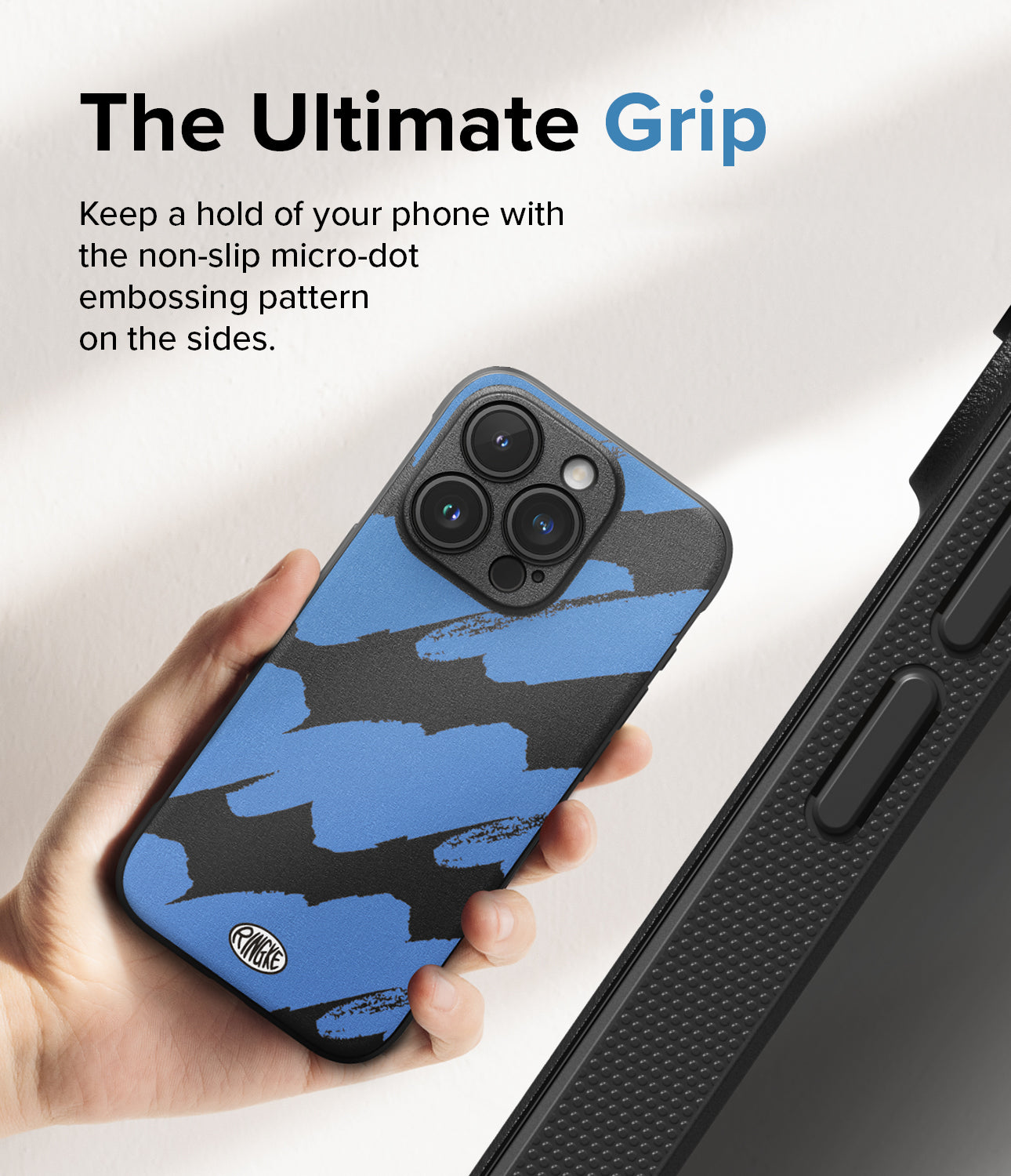iPhone 15 Pro Max Case | Onyx Design - Blue Brush- The Ultimate Grip. Keep a hold of your phone with the non-slip micro-dot embossing pattern on the sides.
