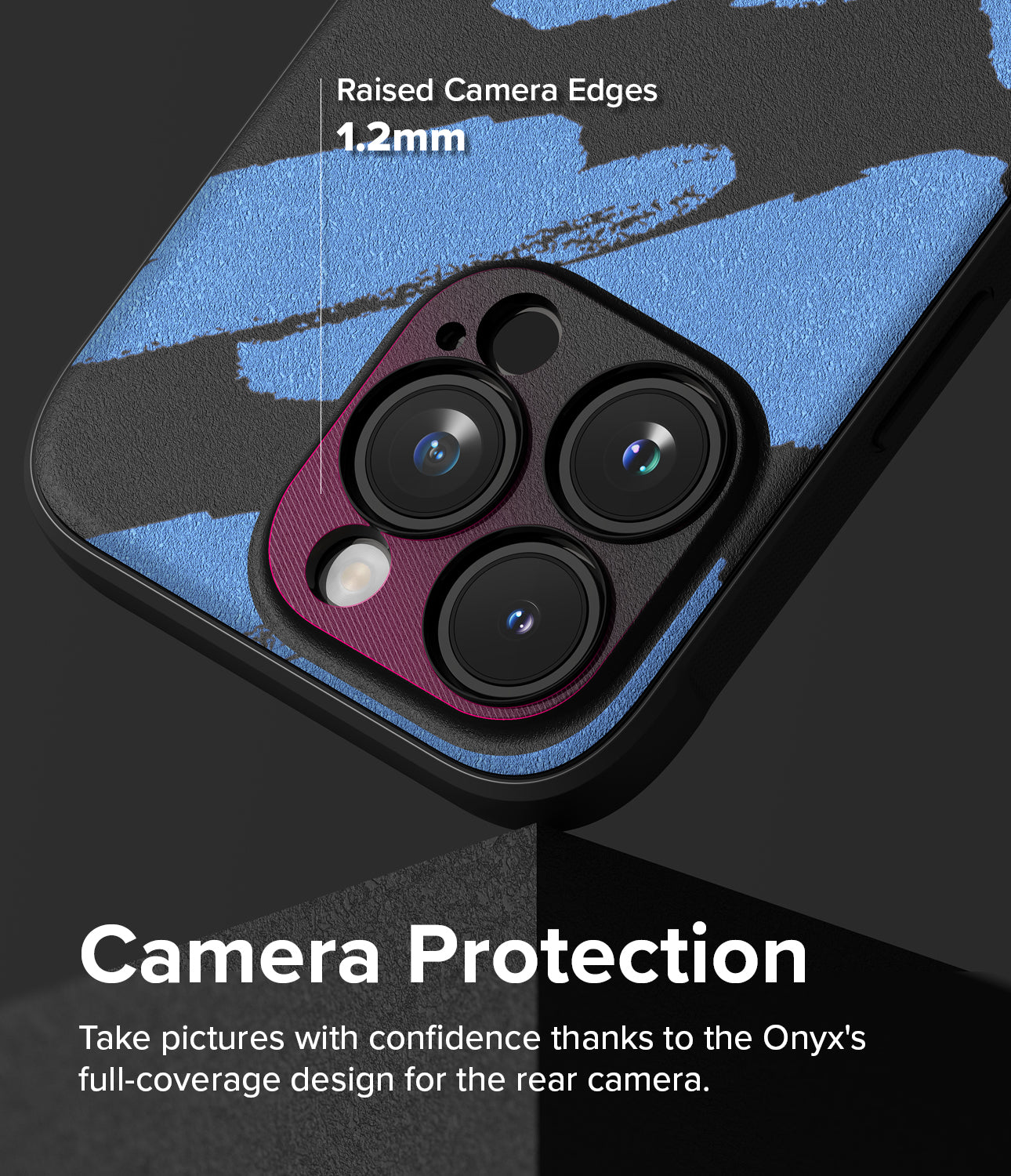 iPhone 15 Pro Max Case | Onyx Design - Blue Brush - Camera Protection. Take pictures with confidence thanks to the Onyx's full-coverage design for the rear camera.