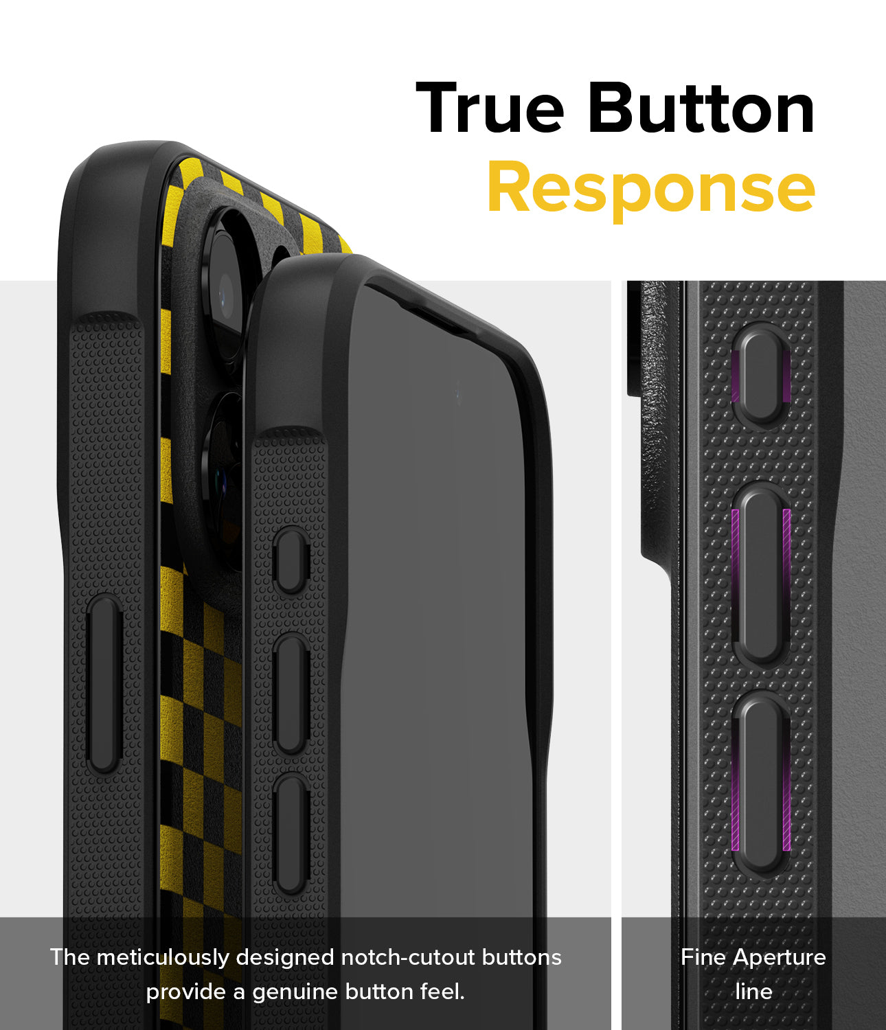 iPhone 15 Pro Max Case | Onyx Design - Checkerboard Yellow - True Button Response. The meticulously designed notch-cutout buttons provide a genuine button feel. Fine Aperture Line.