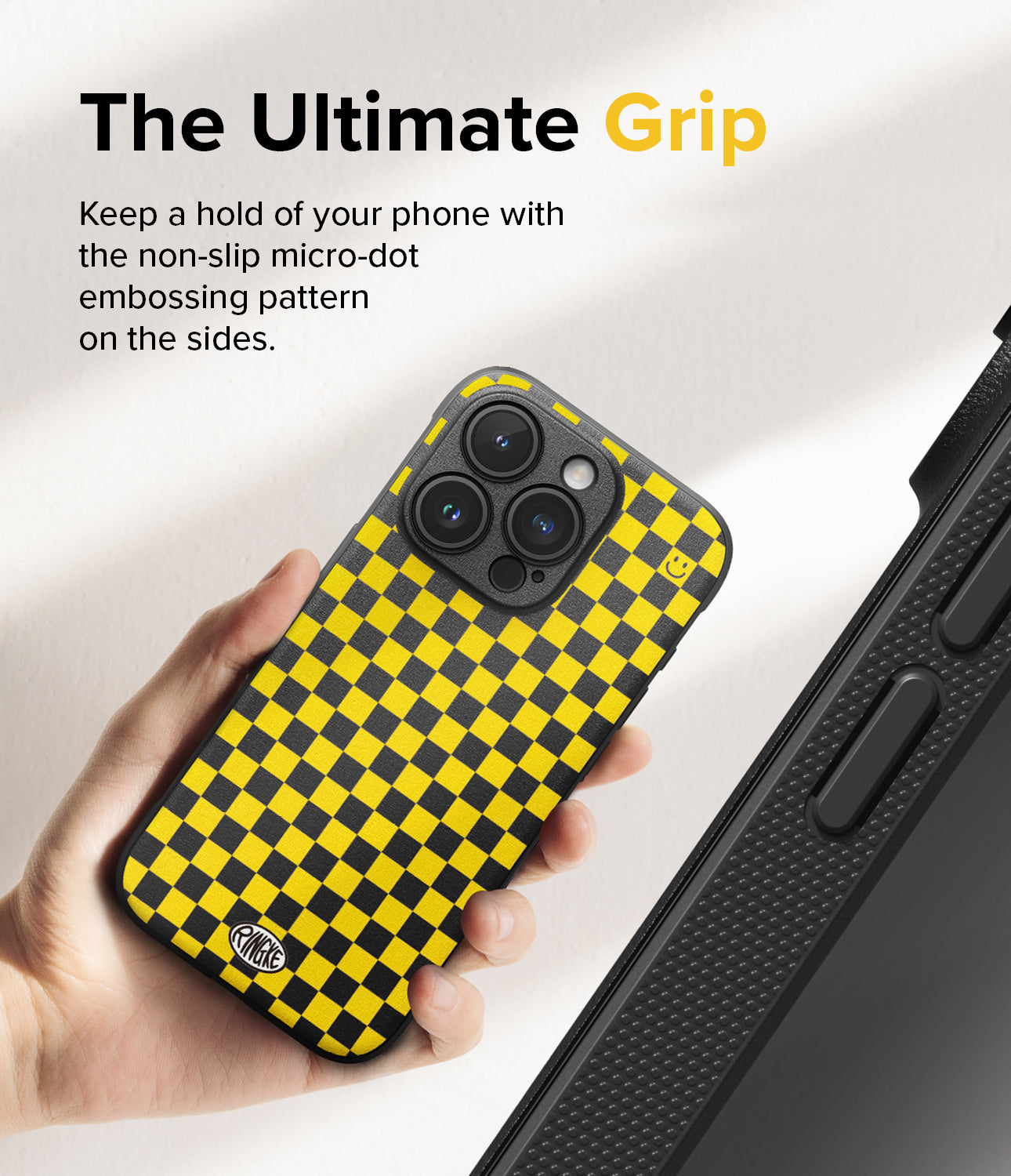 iPhone 15 Pro Max Case | Onyx Design - Checkerboard Yellow - The Ultimate Grip. Keep a hold of your phone with the non-slip micro-dot embossing pattern on the sides.