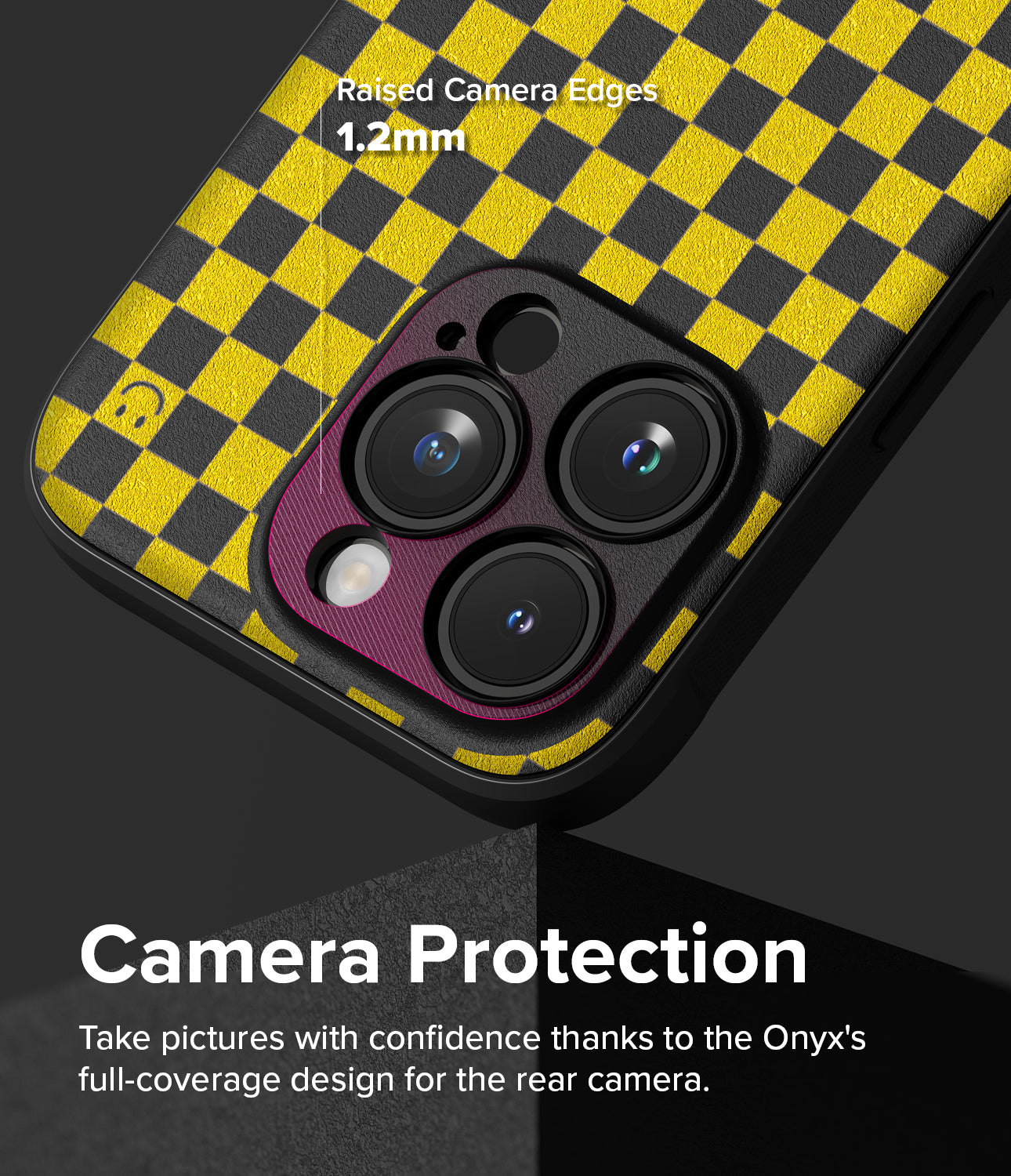 iPhone 15 Pro Max Case | Onyx Design - Checkerboard Yellow - Camera Protection. Take pictures with confidence thanks to the Onyx's full-coverage design for the rear camera.