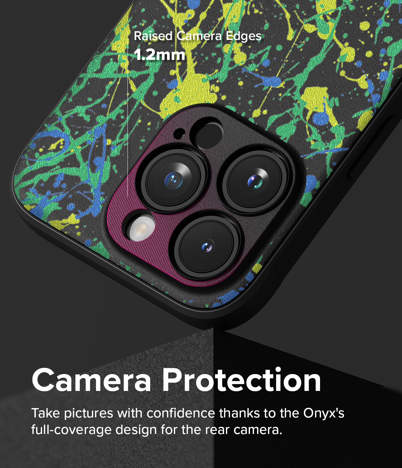 iPhone 15 Pro Max Case | Onyx Design - Action Painting - Camera Protection. Take pictures with confidence thanks to the Onyx's full-coverage design for the rear camera.