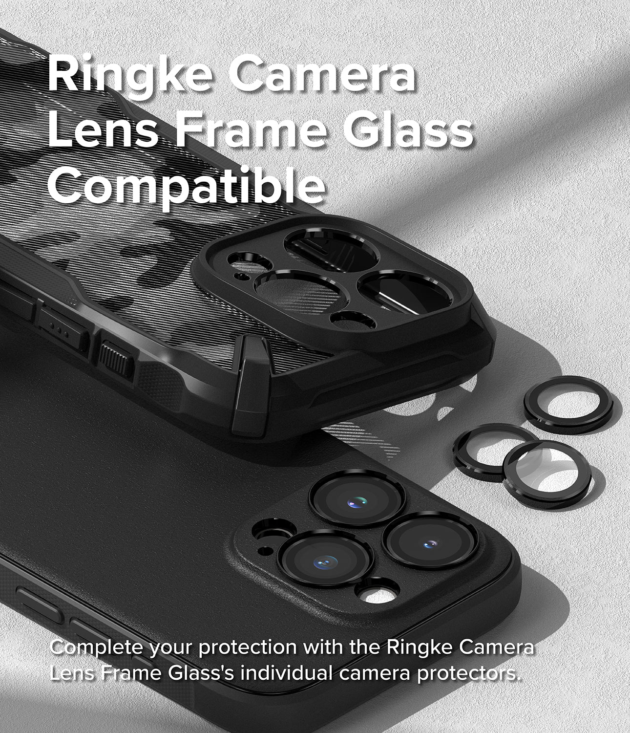 iPhone 15 Pro Max Case | Onyx Design - Sticker - Ringke Camera Lens Frame Glass Compatible. Complete your protection with the Ringke Camera Frame Glass' individual camera protectors.