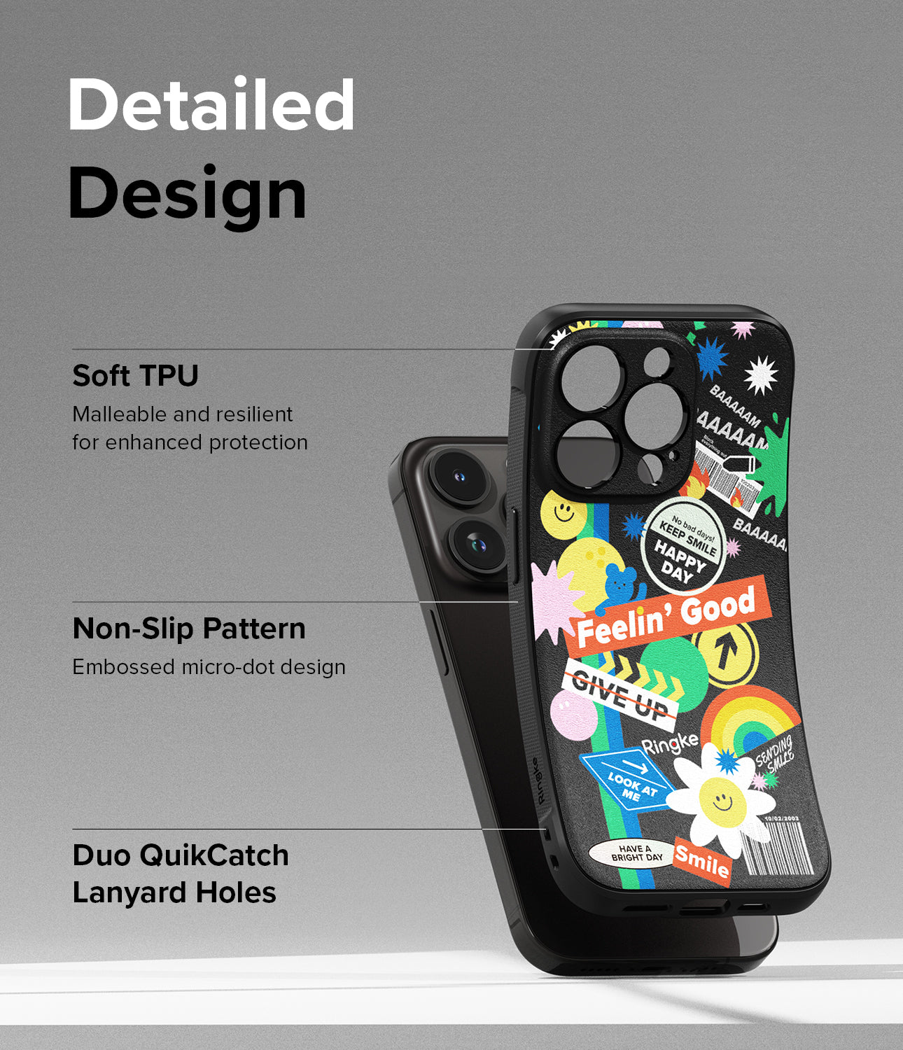 iPhone 15 Pro Max Case | Onyx Design - Sticker - Detailed Design. Malleable and resilient for enhanced protection with Soft TPU. Embossed micro-dot design with Non-Slip Pattern. Duo QuikCatch Lanyard Holes.