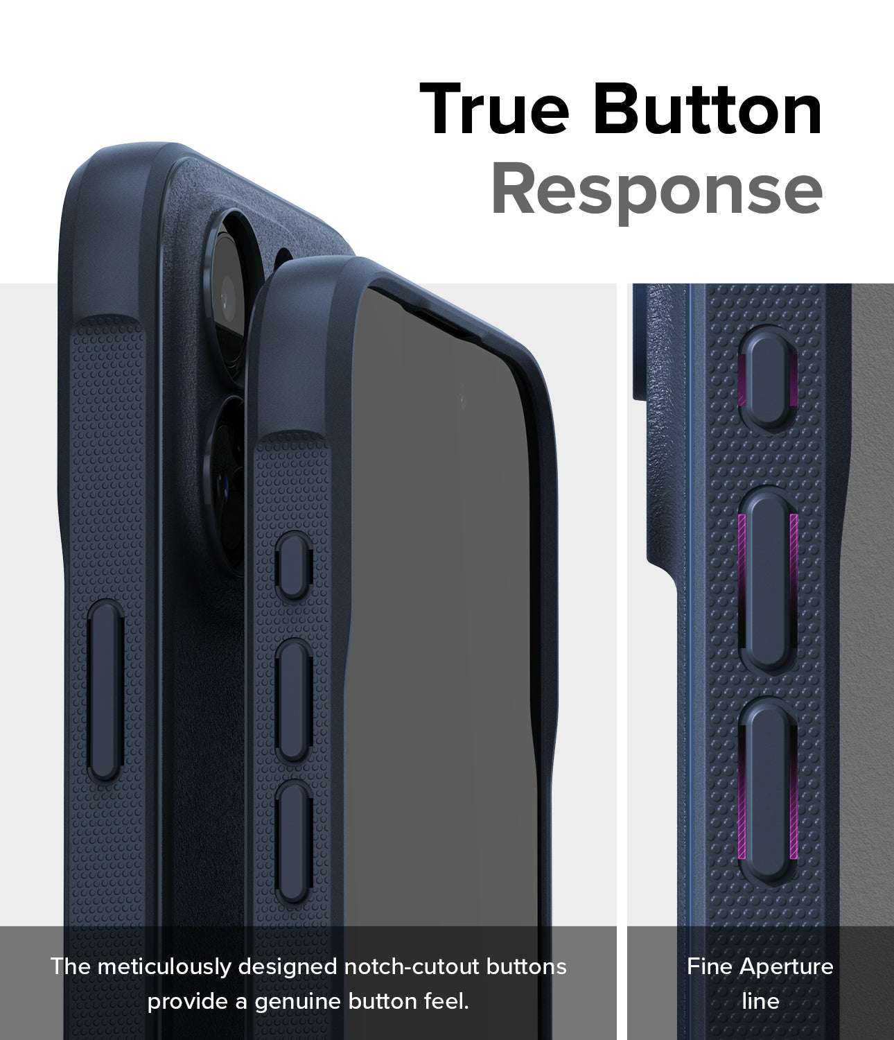 iPhone 15 Pro Max Case | Onyx - Navy- True Button Response. The meticulously designed notch-cutout buttons provide a genuine button feel. Fine Aperture Line.