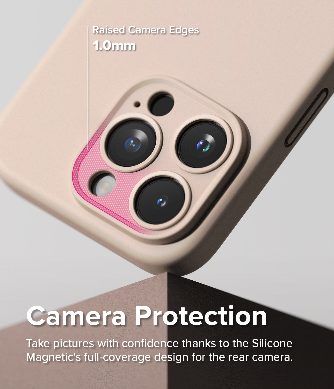 iPhone 15 Pro Max Case | Silicone Magnetic - Pink Sand - Camera Protection. Take pictures with confidence thanks to the Silicone Magnetic's full-coverage design for the rear camera.