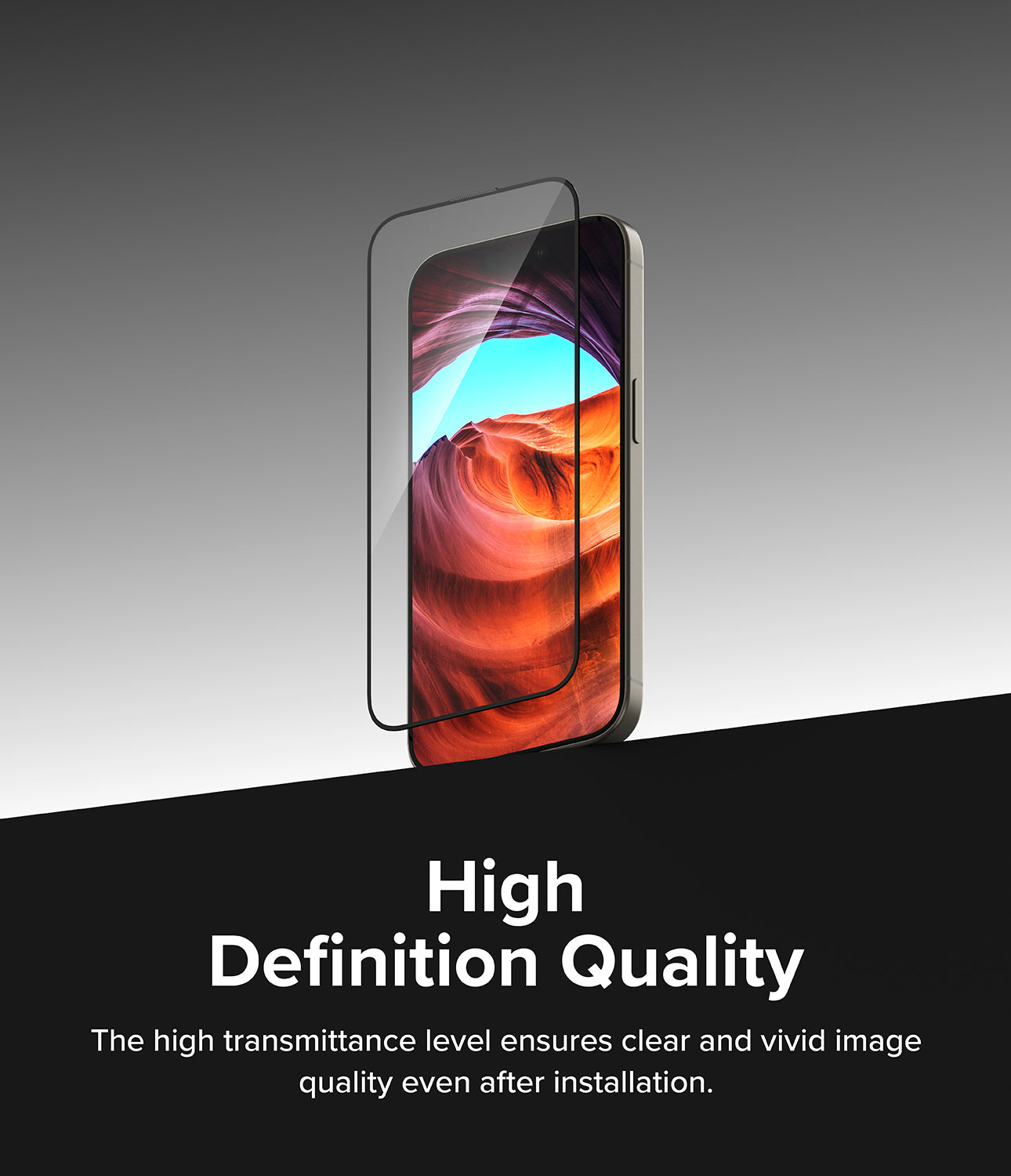iPhone 15 Pro Max Screen Protector | Easy Slide Tempered Glass - High Definition Quality. The high transmittance level ensures clear and vivid image quality even after installation.